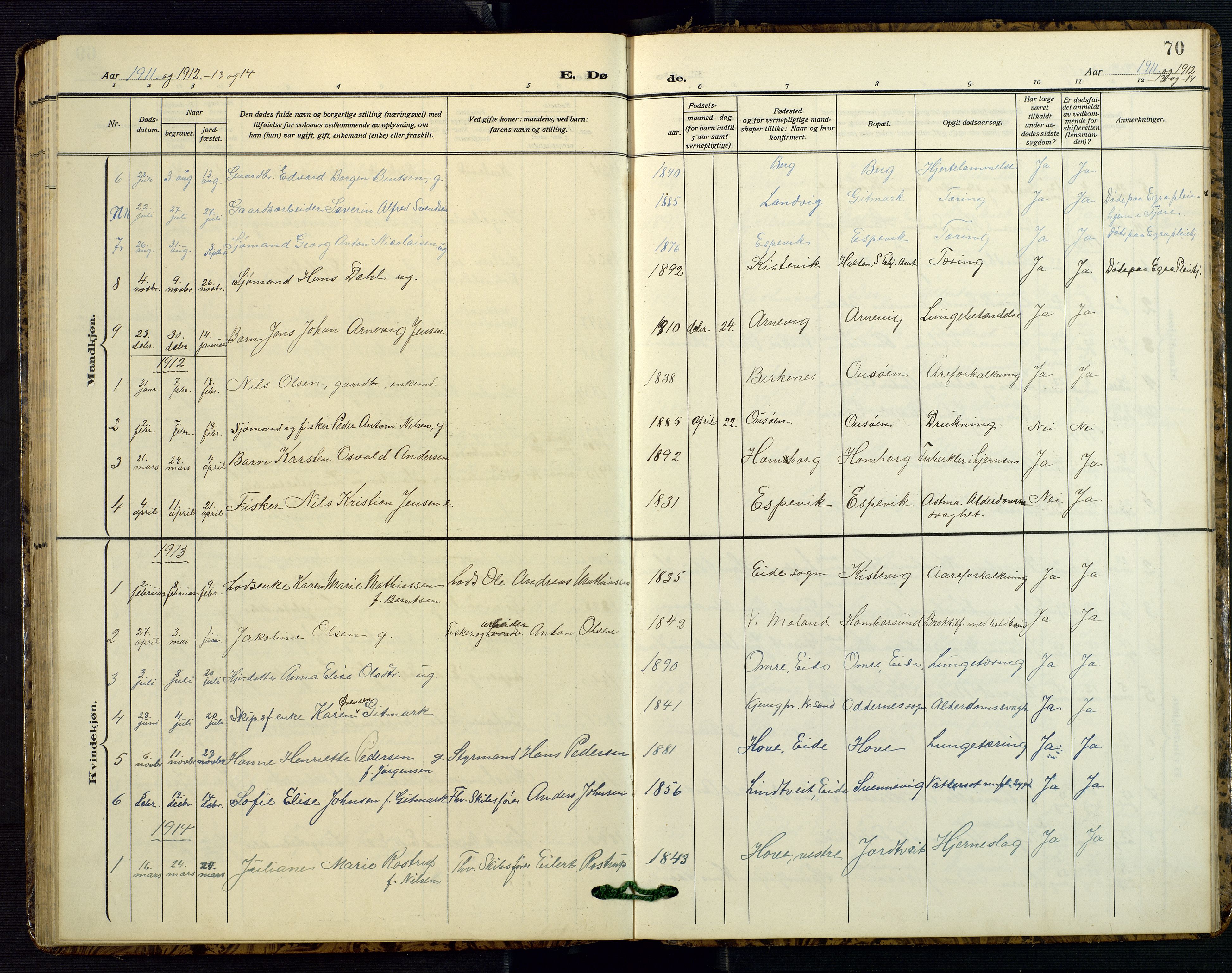 Hommedal sokneprestkontor, SAK/1111-0023/F/Fb/Fba/L0005: Parish register (copy) no. B 5, 1909-1957, p. 70