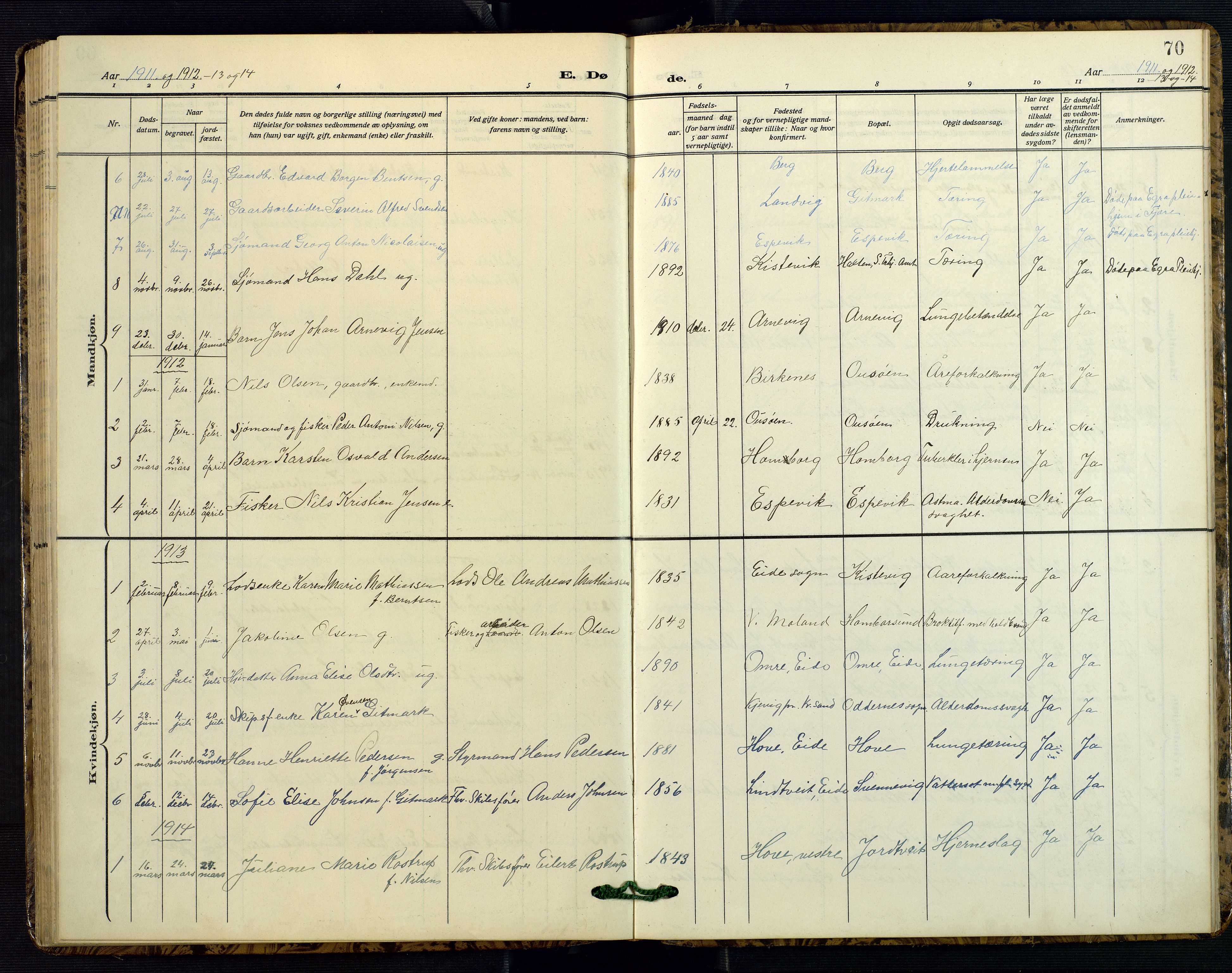 Hommedal sokneprestkontor, AV/SAK-1111-0023/F/Fb/Fba/L0005: Parish register (copy) no. B 5, 1909-1957, p. 70