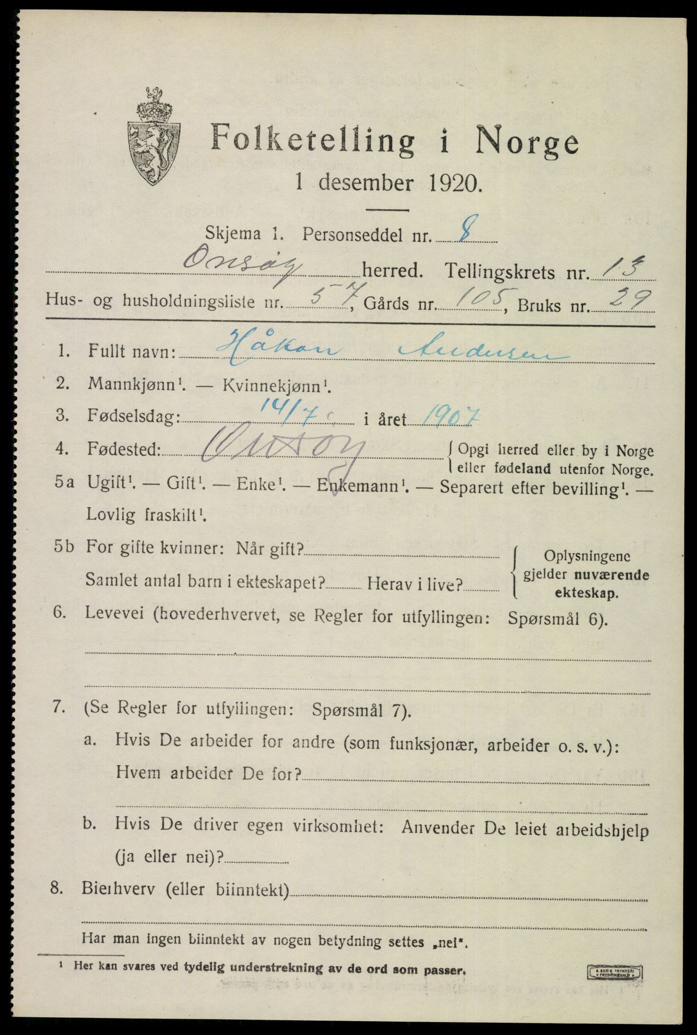 SAO, 1920 census for Onsøy, 1920, p. 16208