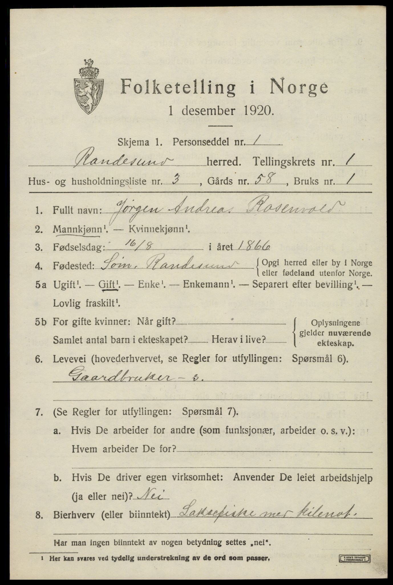 SAK, 1920 census for Randesund, 1920, p. 596