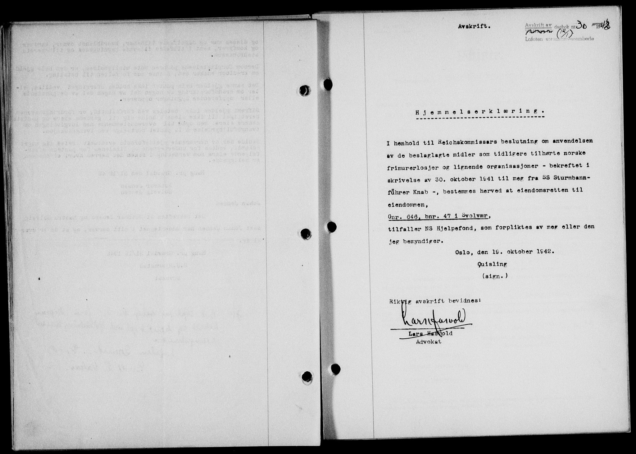 Lofoten sorenskriveri, SAT/A-0017/1/2/2C/L0010a: Mortgage book no. 10a, 1942-1943, Diary no: : 30/1943