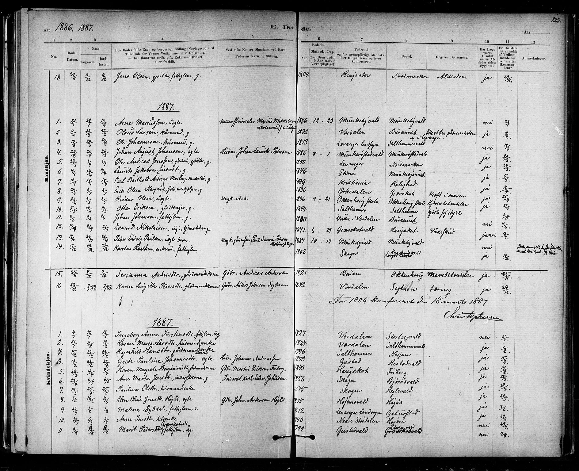 Ministerialprotokoller, klokkerbøker og fødselsregistre - Nord-Trøndelag, AV/SAT-A-1458/721/L0208: Parish register (copy) no. 721C01, 1880-1917, p. 223