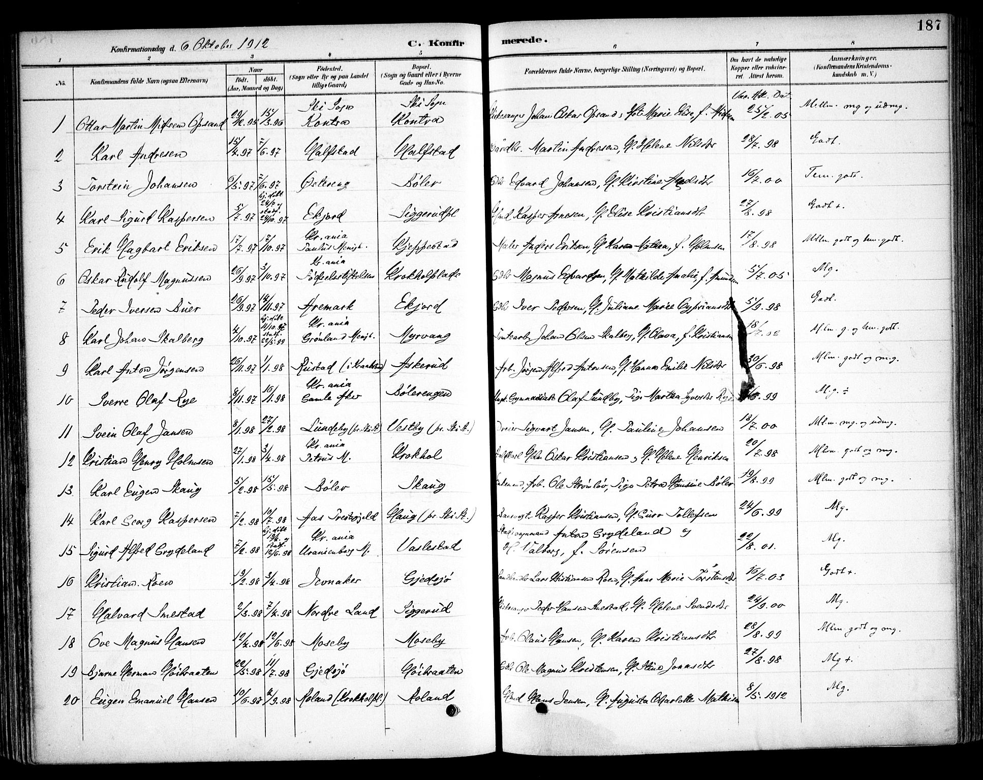 Kråkstad prestekontor Kirkebøker, SAO/A-10125a/F/Fb/L0002: Parish register (official) no. II 2, 1893-1917, p. 187