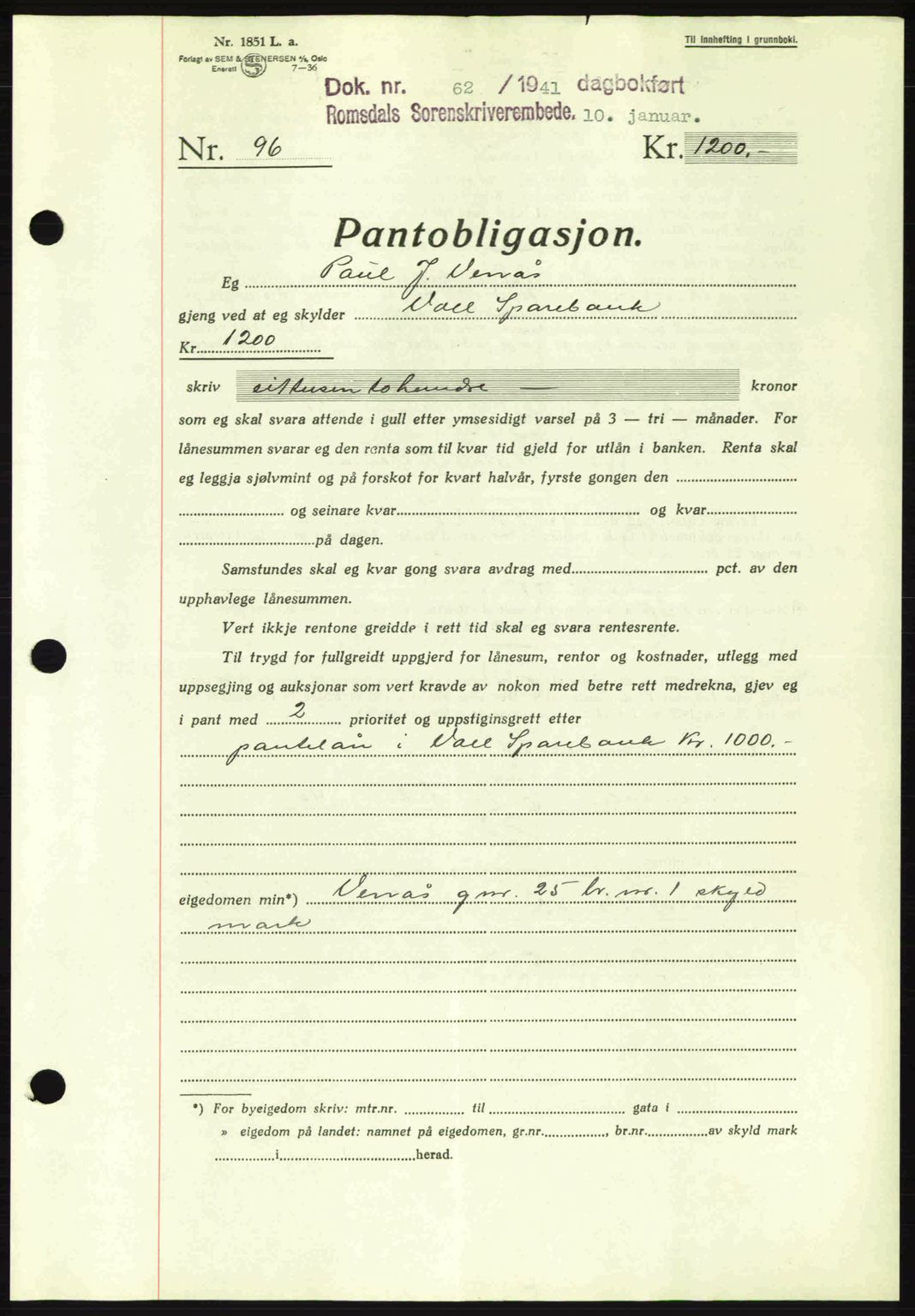 Romsdal sorenskriveri, AV/SAT-A-4149/1/2/2C: Mortgage book no. B2, 1939-1945, Diary no: : 62/1941