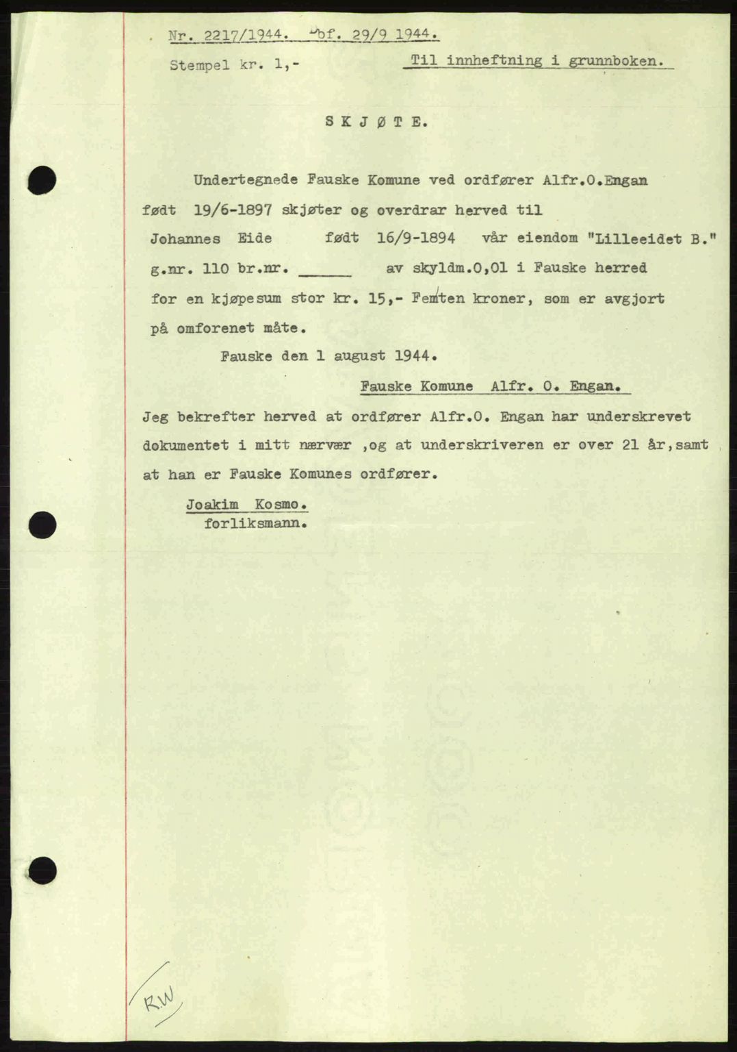 Salten sorenskriveri, AV/SAT-A-4578/1/2/2C: Mortgage book no. A14-15, 1943-1945, Diary no: : 2217/1944