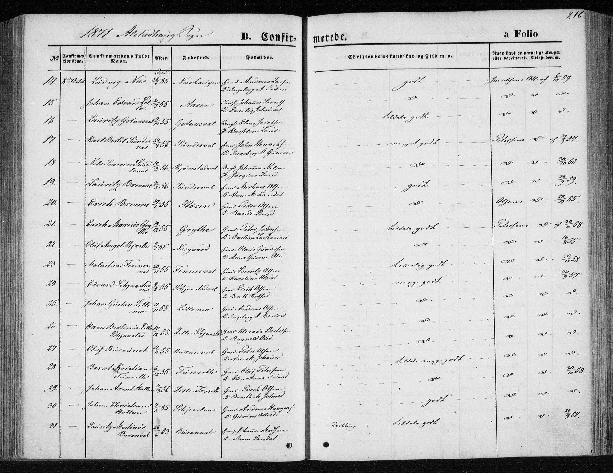 Ministerialprotokoller, klokkerbøker og fødselsregistre - Nord-Trøndelag, SAT/A-1458/717/L0157: Parish register (official) no. 717A08 /1, 1863-1877, p. 216