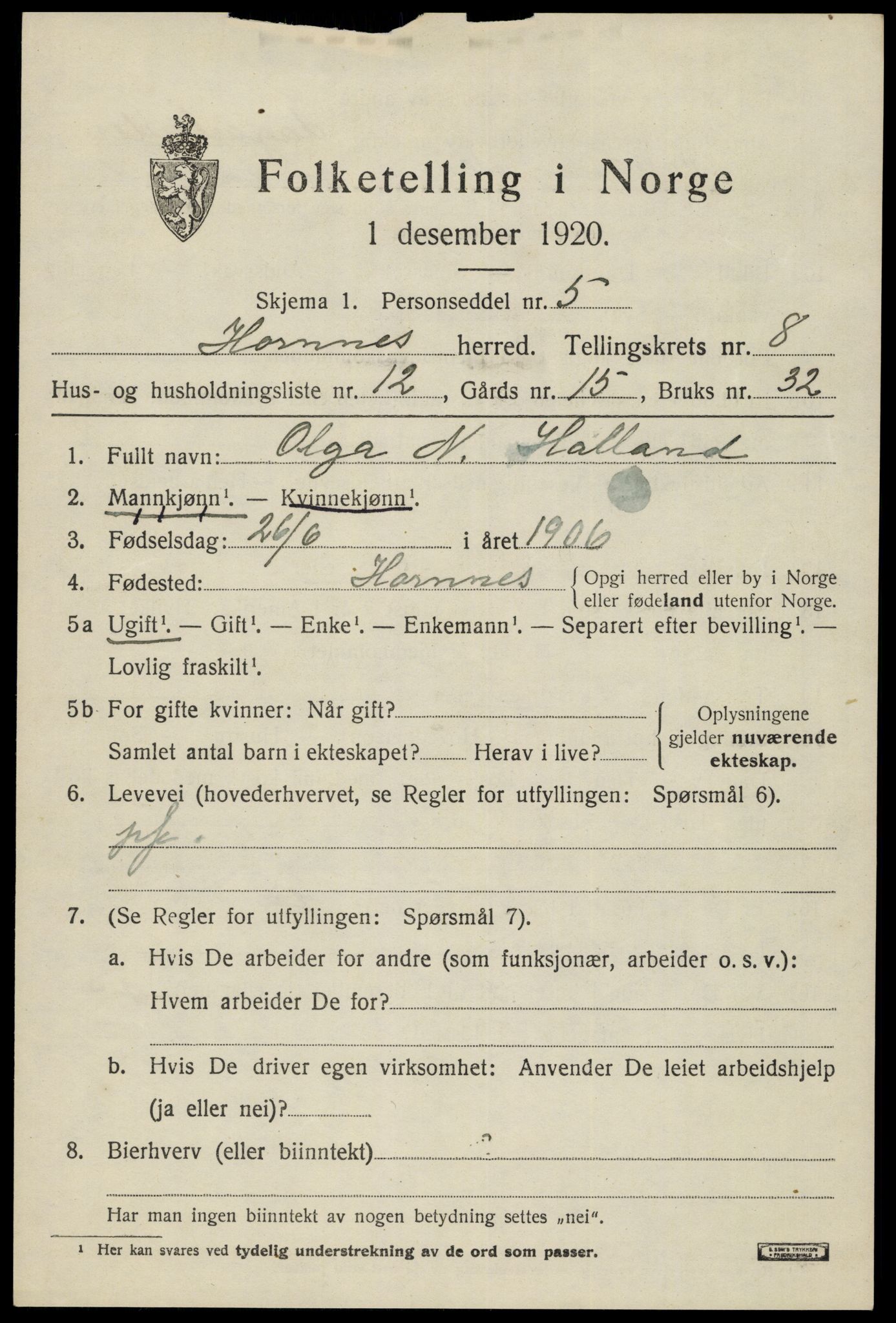 SAK, 1920 census for Hornnes, 1920, p. 2005