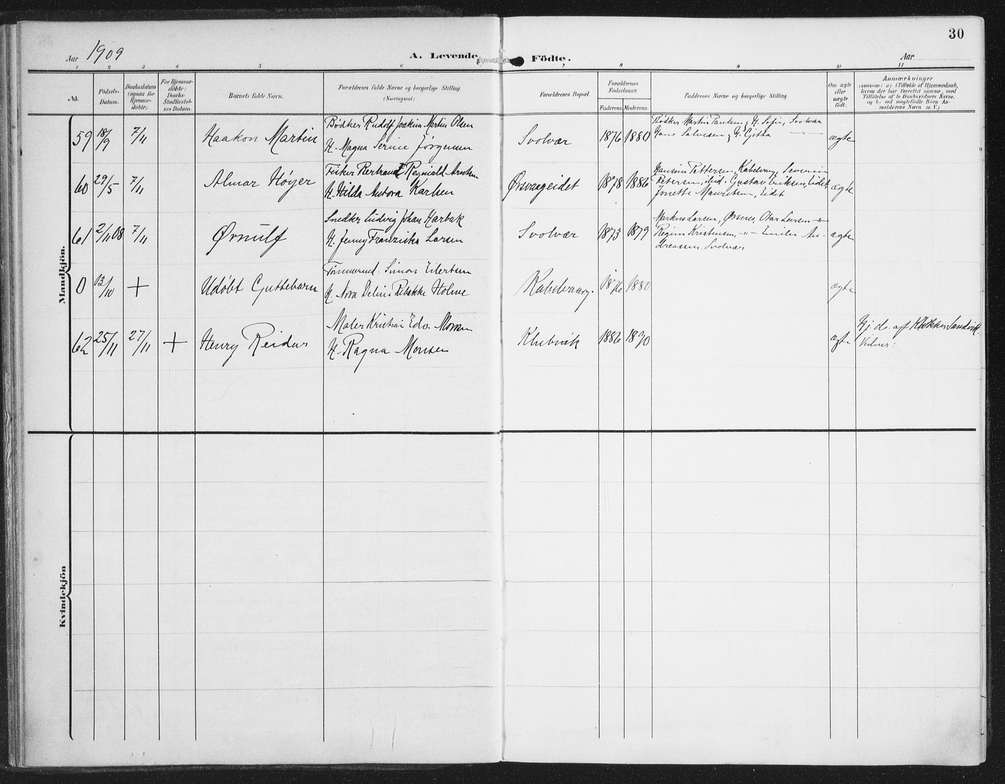 Ministerialprotokoller, klokkerbøker og fødselsregistre - Nordland, AV/SAT-A-1459/874/L1063: Parish register (official) no. 874A07, 1907-1915, p. 30