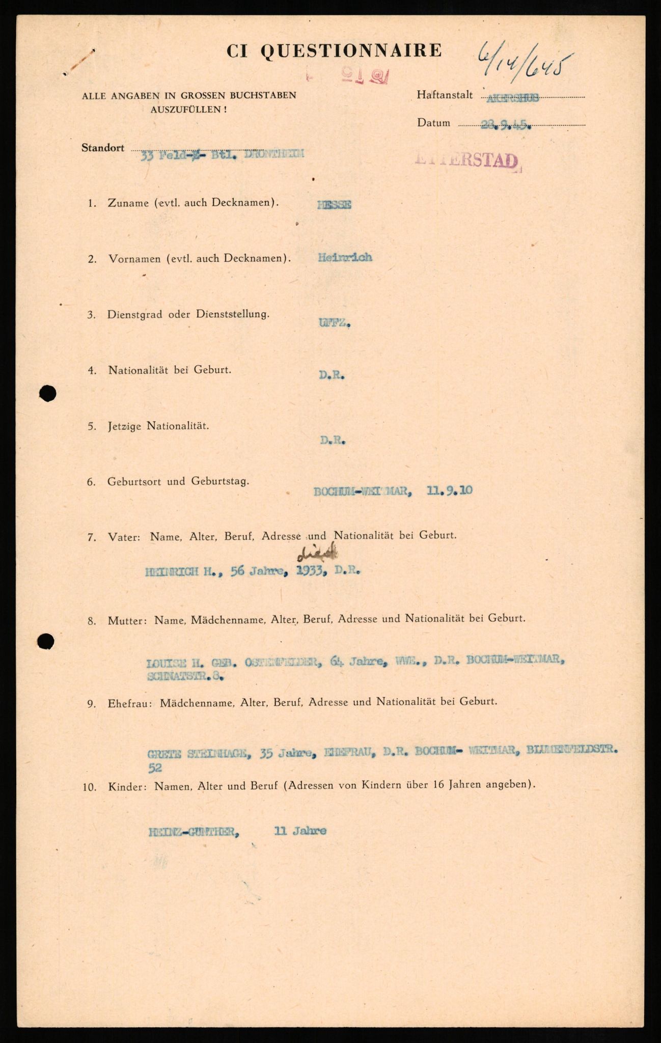 Forsvaret, Forsvarets overkommando II, AV/RA-RAFA-3915/D/Db/L0013: CI Questionaires. Tyske okkupasjonsstyrker i Norge. Tyskere., 1945-1946, p. 102