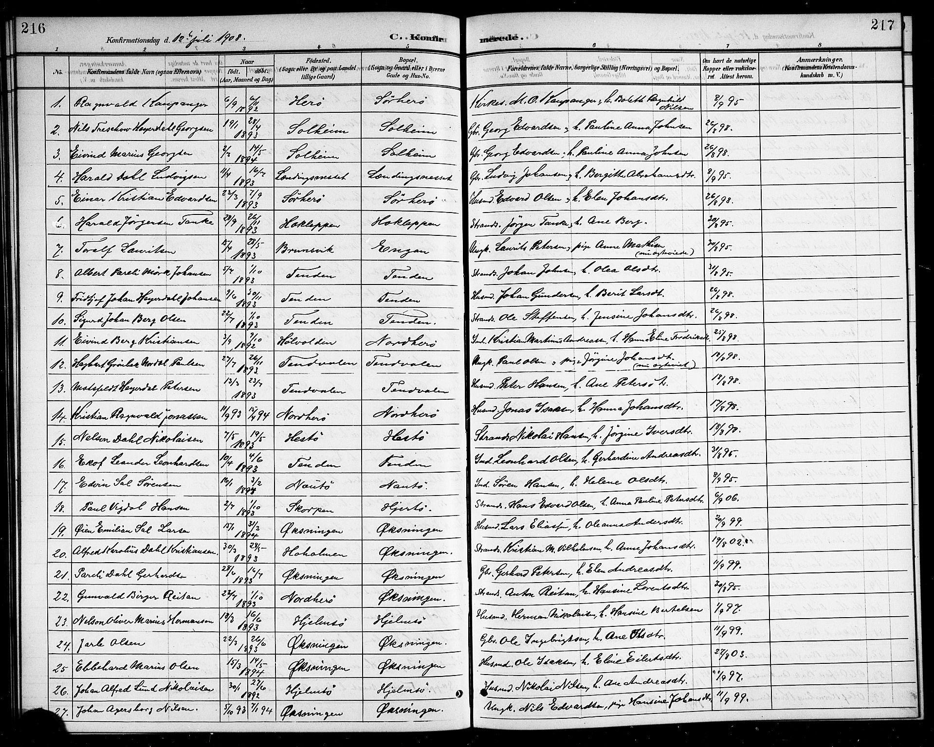 Ministerialprotokoller, klokkerbøker og fødselsregistre - Nordland, SAT/A-1459/834/L0516: Parish register (copy) no. 834C06, 1902-1918, p. 216-217