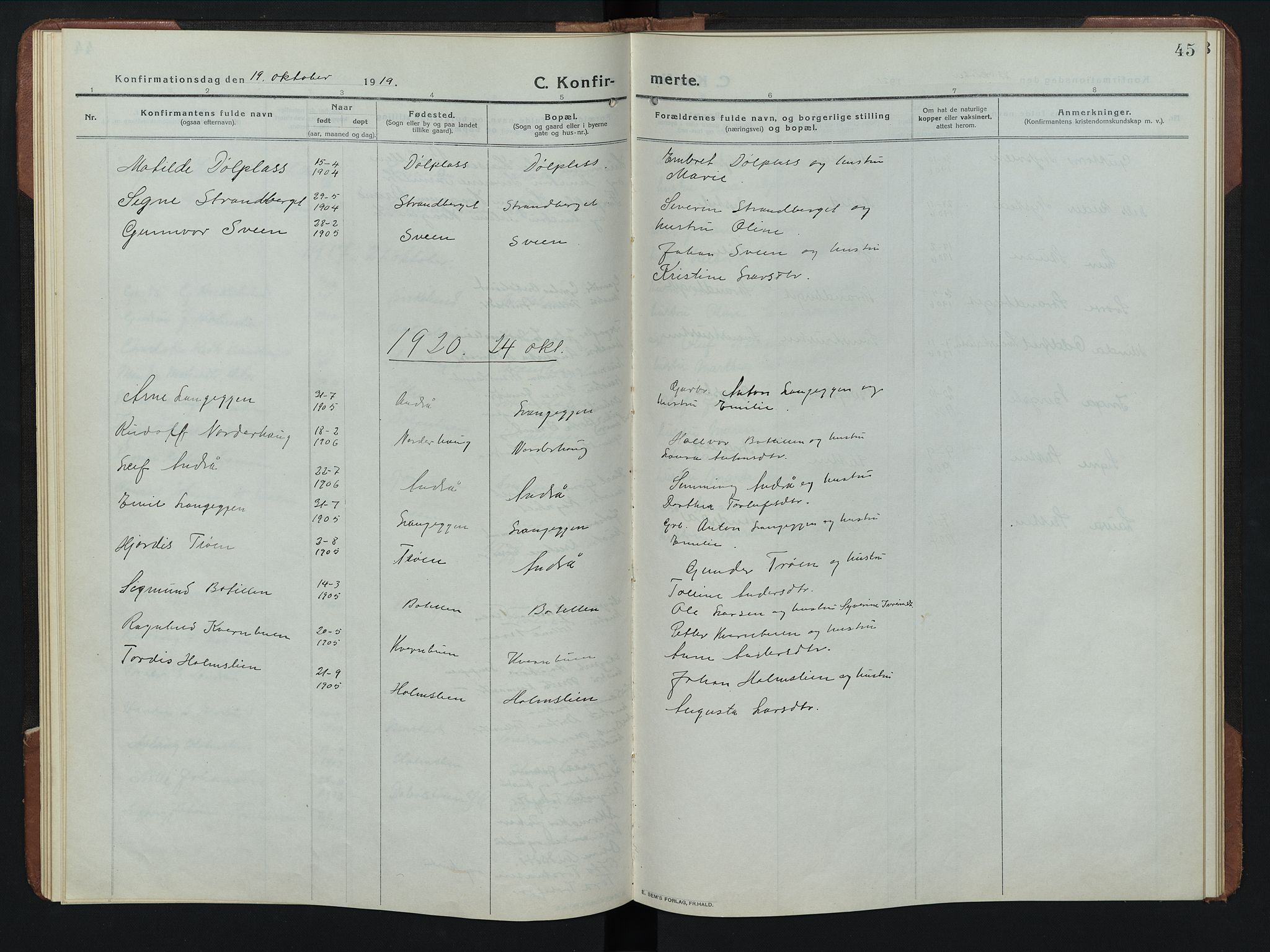 Rendalen prestekontor, AV/SAH-PREST-054/H/Ha/Hab/L0008: Parish register (copy) no. 8, 1914-1948, p. 45