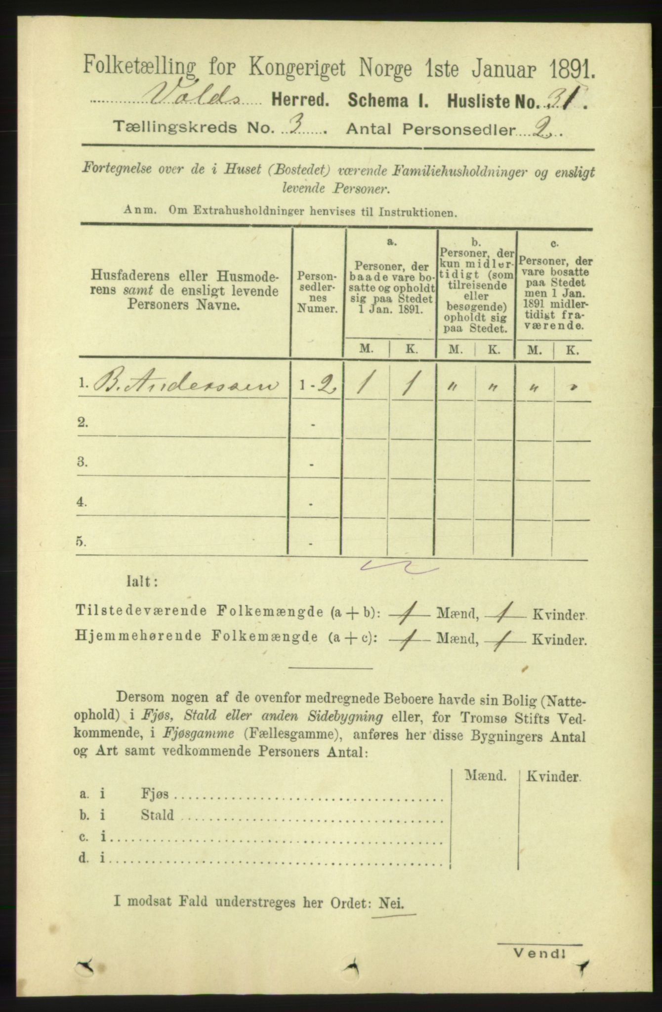 RA, 1891 census for 1537 Voll, 1891, p. 943