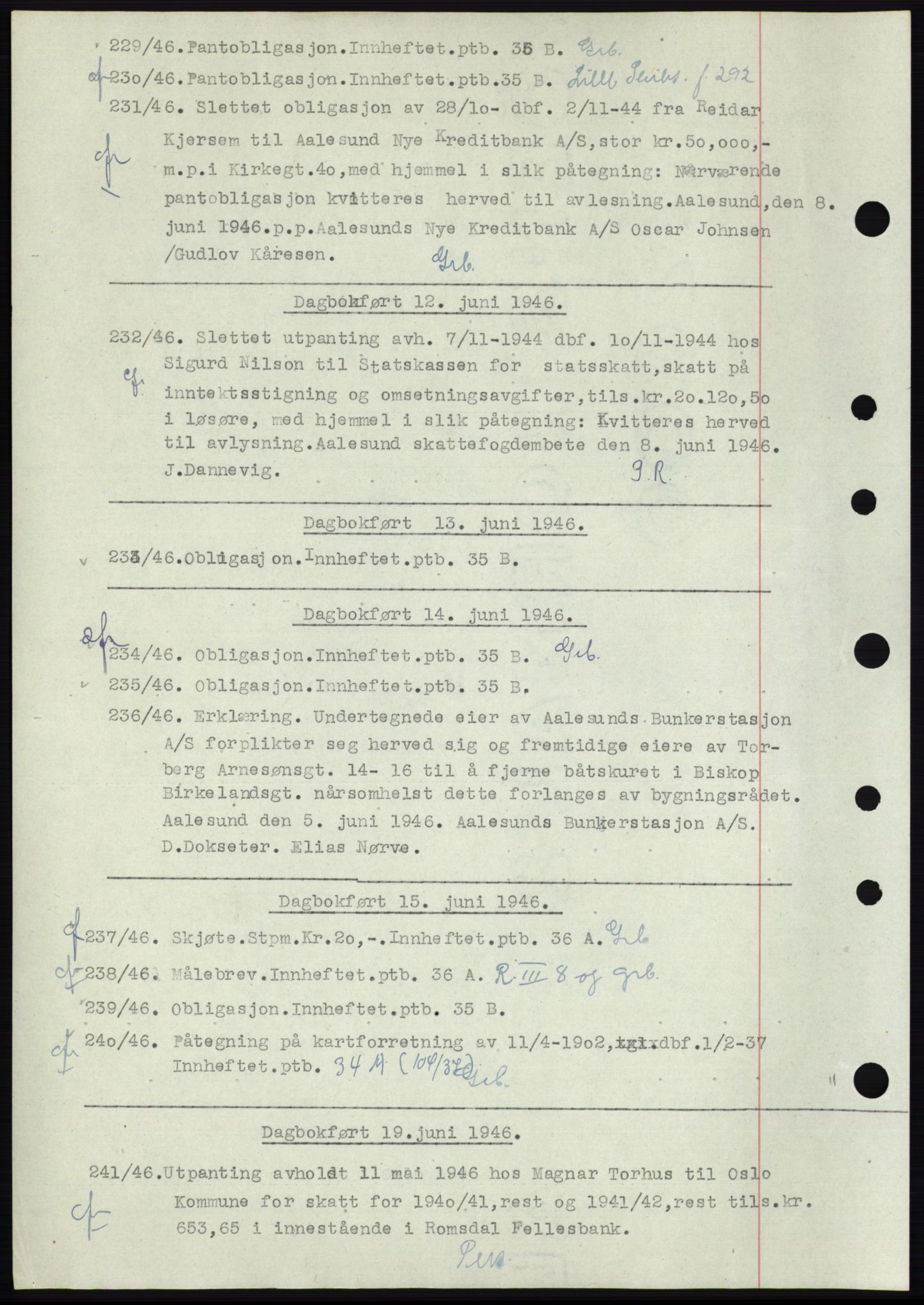 Ålesund byfogd, AV/SAT-A-4384: Mortgage book no. C34-35, 1946-1950, Diary no: : 229/1946