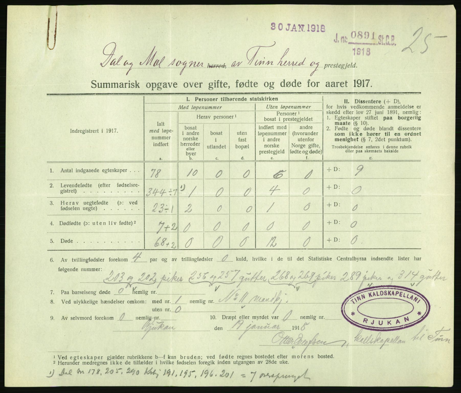 Statistisk sentralbyrå, Sosiodemografiske emner, Befolkning, AV/RA-S-2228/D/Df/Dfb/Dfbg/L0056: Summariske oppgaver over gifte, fødte og døde for hele landet., 1917, p. 553