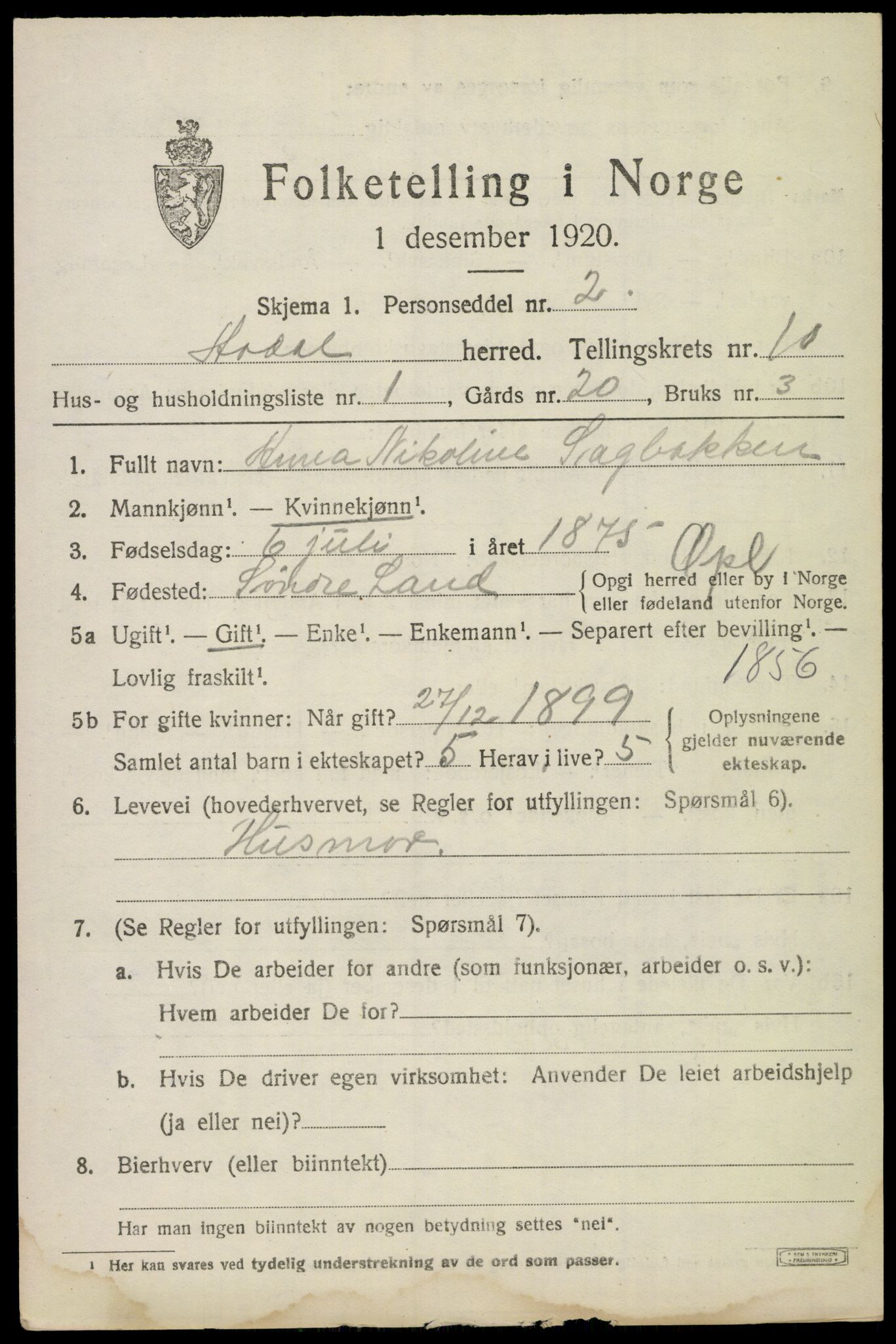 SAKO, 1920 census for Ådal, 1920, p. 6532