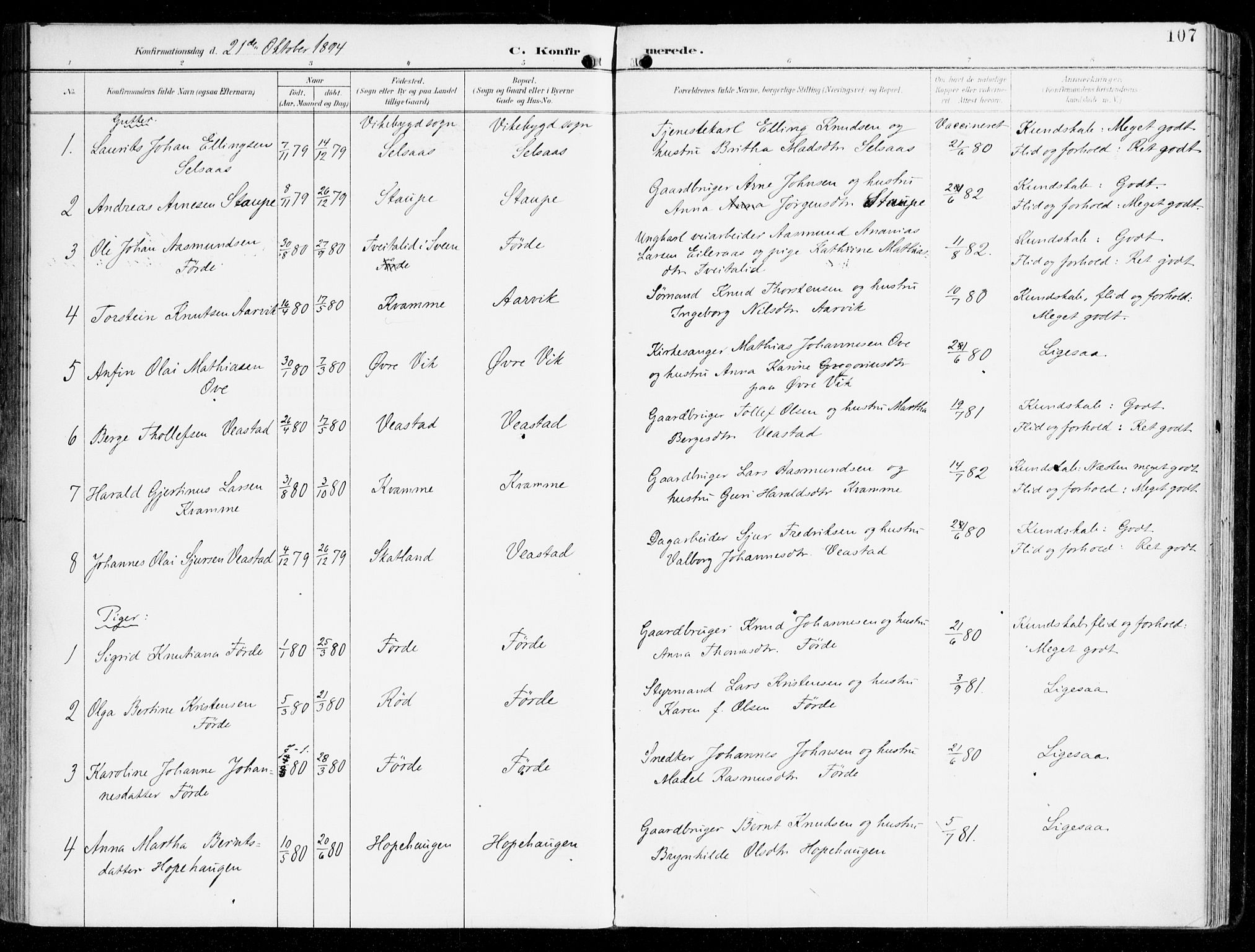 Sveio Sokneprestembete, SAB/A-78501/H/Haa: Parish register (official) no. D 2, 1894-1916, p. 107