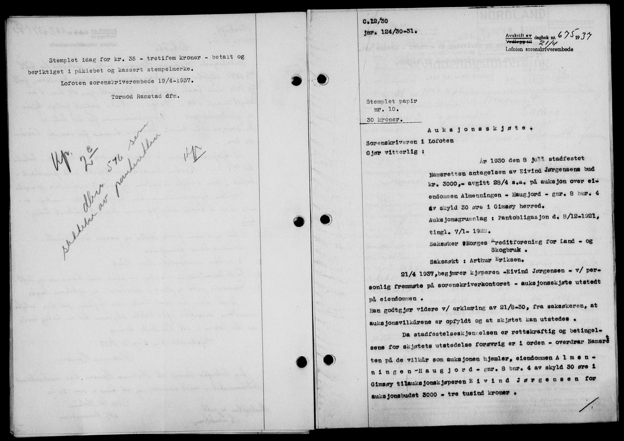 Lofoten sorenskriveri, SAT/A-0017/1/2/2C/L0002a: Mortgage book no. 2a, 1937-1937, Diary no: : 675/1937