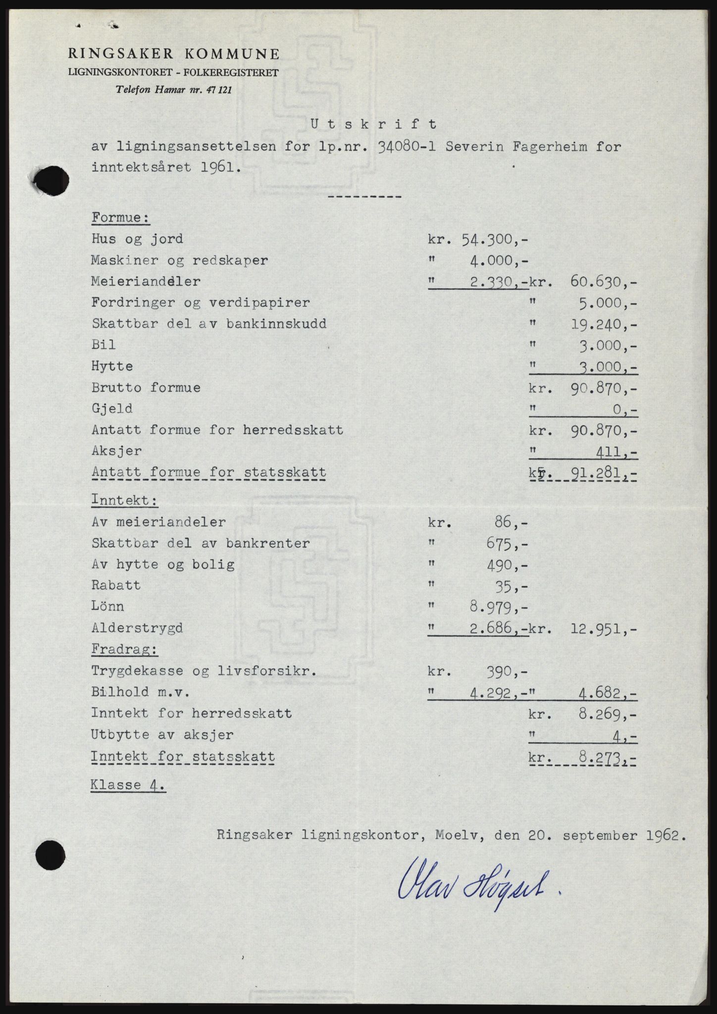 Nord-Hedmark sorenskriveri, SAH/TING-012/H/Hc/L0016: Mortgage book no. 16, 1962-1962, Diary no: : 4086/1962