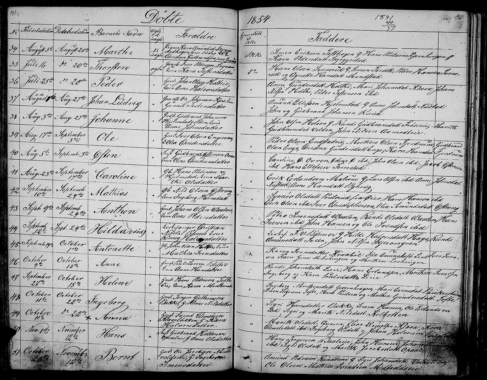 Gausdal prestekontor, SAH/PREST-090/H/Ha/Hab/L0003: Parish register (copy) no. 3, 1829-1864, p. 141-142