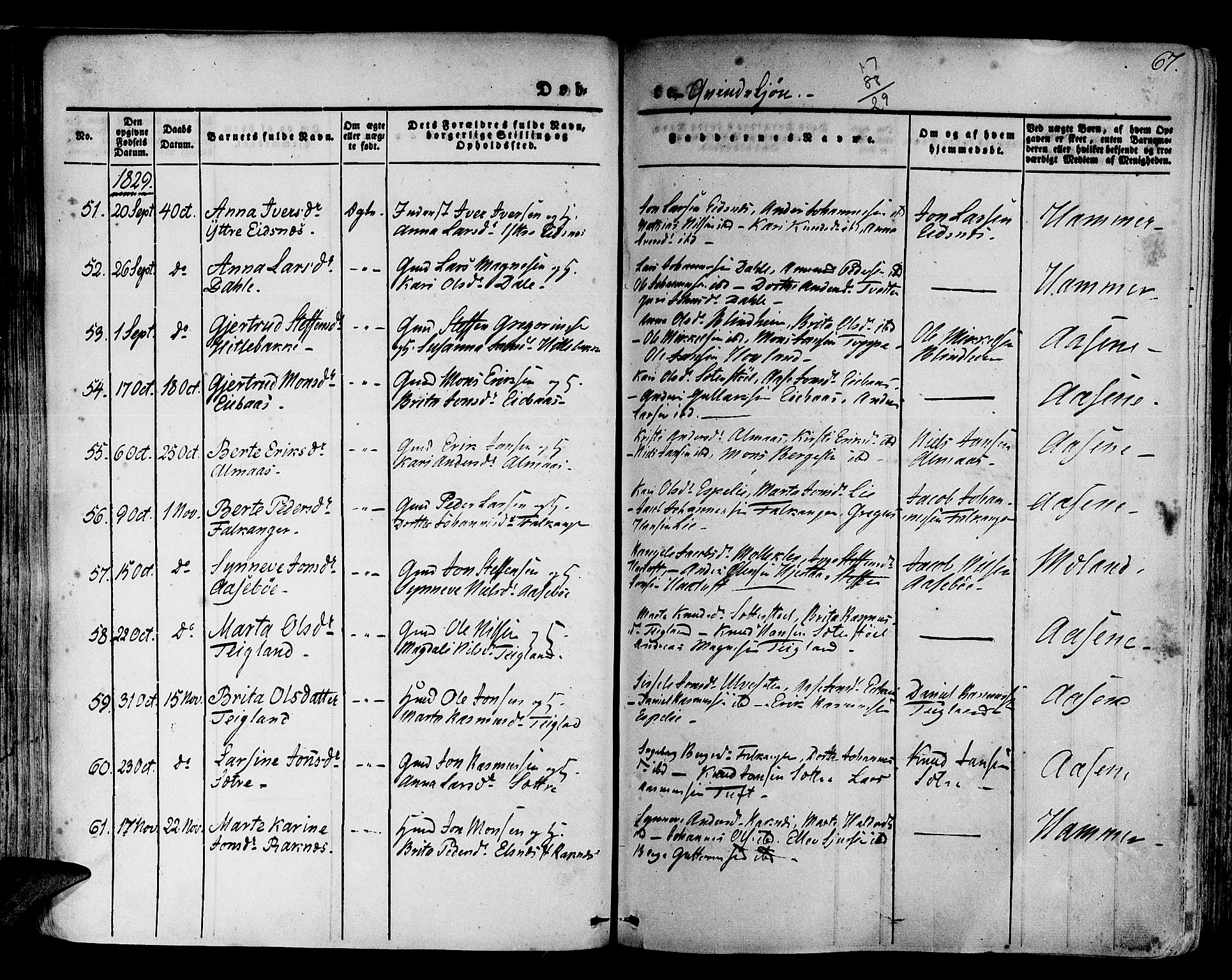 Hamre sokneprestembete, AV/SAB-A-75501/H/Ha/Haa/Haaa/L0011: Parish register (official) no. A 11, 1826-1834, p. 67