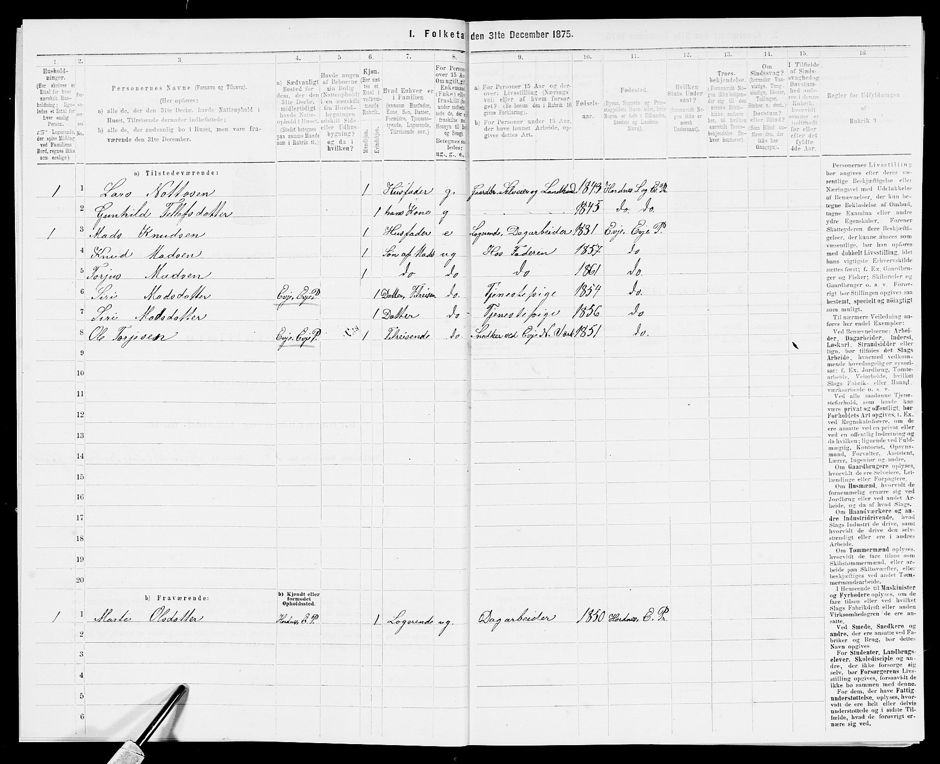 SAK, 1875 census for 0934P Evje, 1875, p. 192