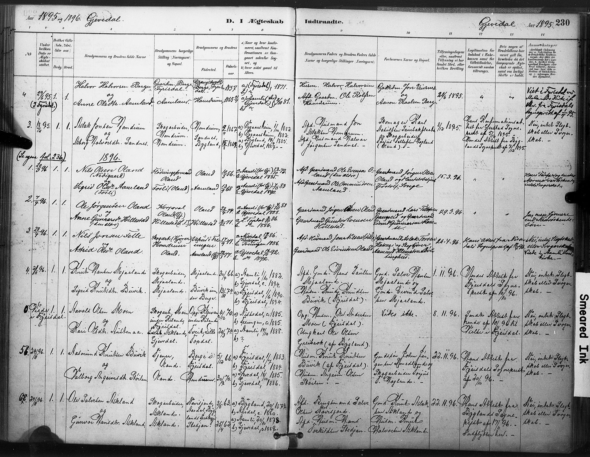 Åmli sokneprestkontor, AV/SAK-1111-0050/F/Fa/Fac/L0010: Parish register (official) no. A 10 /2, 1885-1899, p. 230