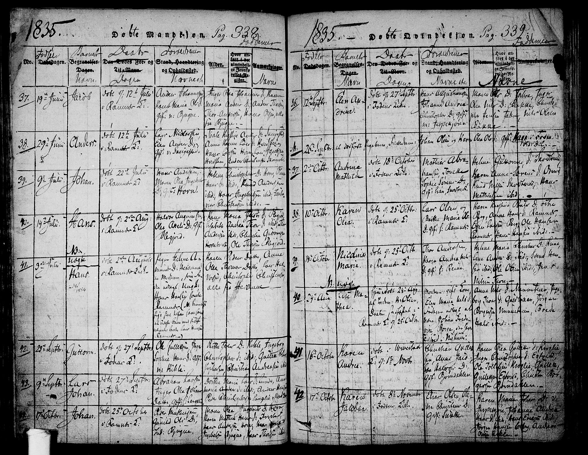 Ramnes kirkebøker, AV/SAKO-A-314/F/Fa/L0004: Parish register (official) no. I 4, 1813-1840, p. 338-339