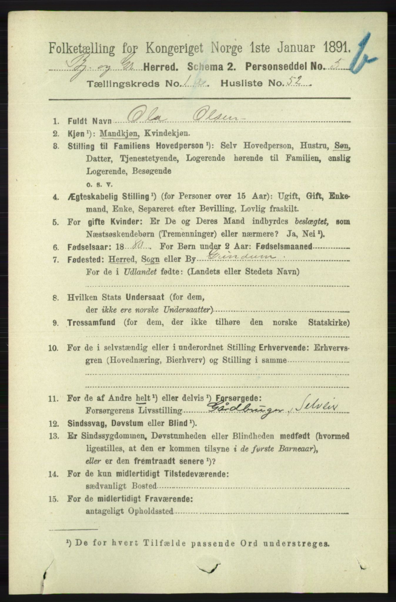 RA, 1891 census for 1024 Bjelland og Grindheim, 1891, p. 1068