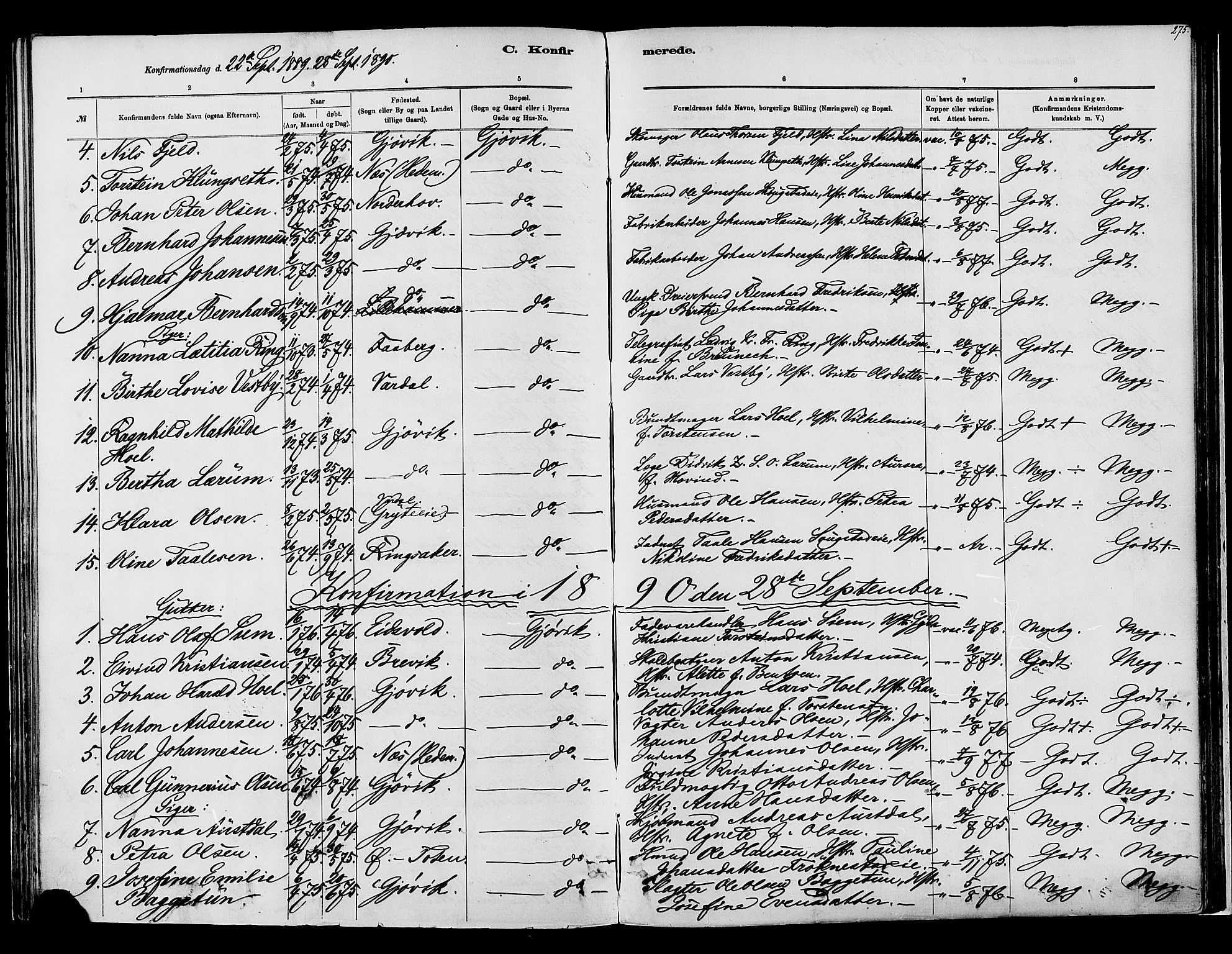 Vardal prestekontor, SAH/PREST-100/H/Ha/Haa/L0008: Parish register (official) no. 8, 1878-1890, p. 275