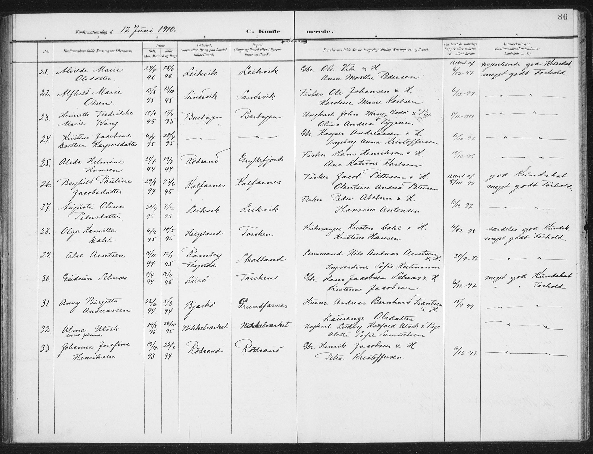 Berg sokneprestkontor, AV/SATØ-S-1318/G/Ga/Gaa/L0008kirke: Parish register (official) no. 8, 1904-1916, p. 86