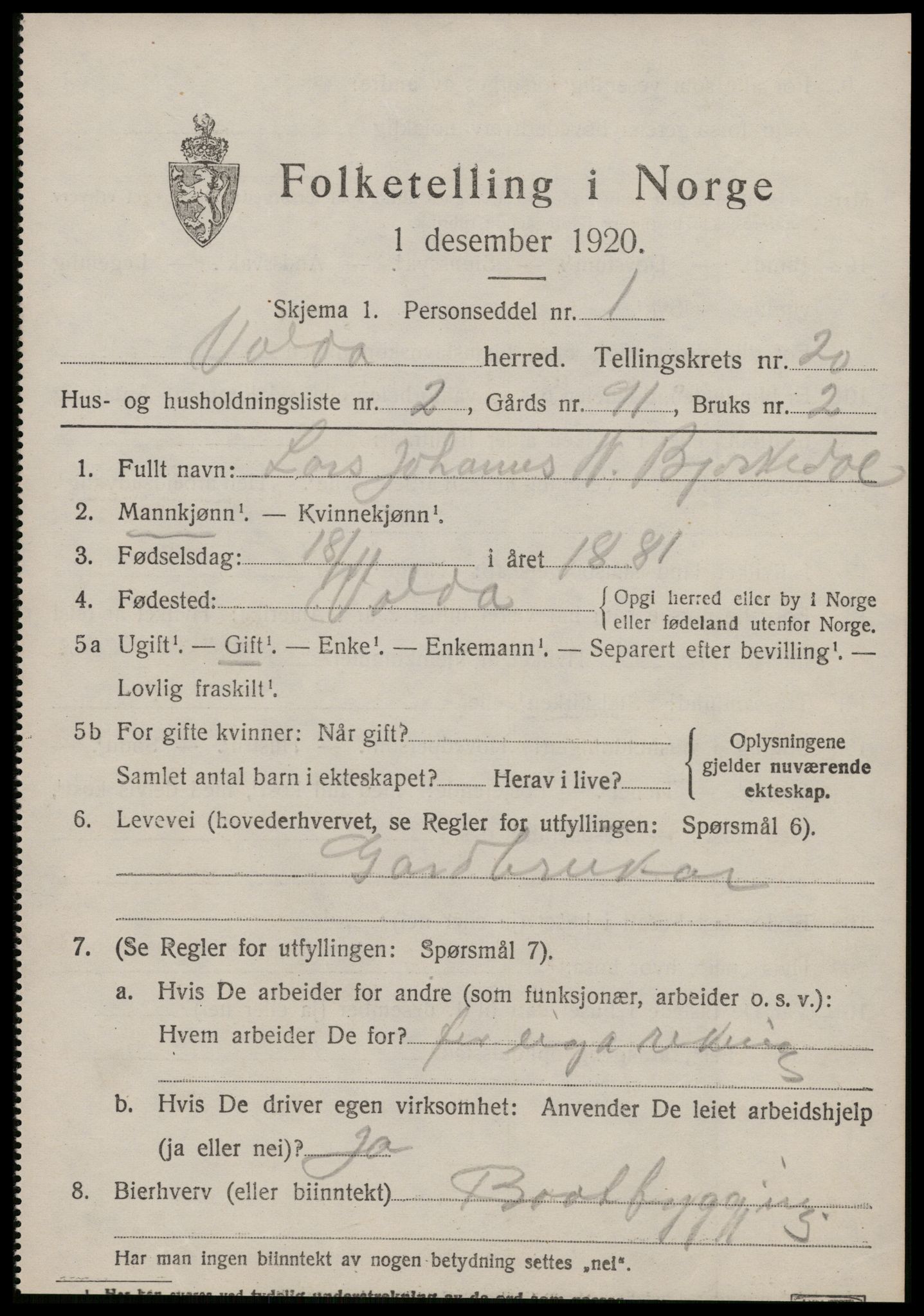 SAT, 1920 census for Volda, 1920, p. 10524