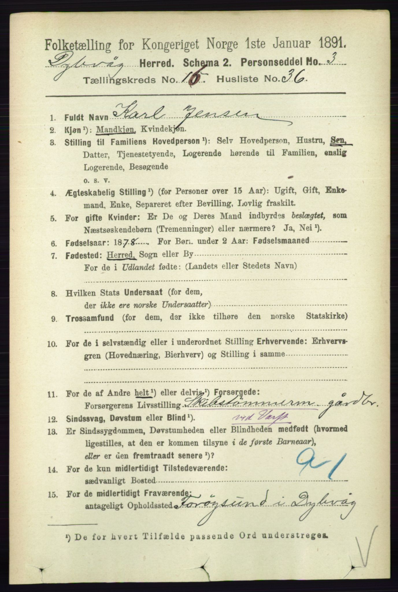 RA, 1891 census for 0915 Dypvåg, 1891, p. 6625