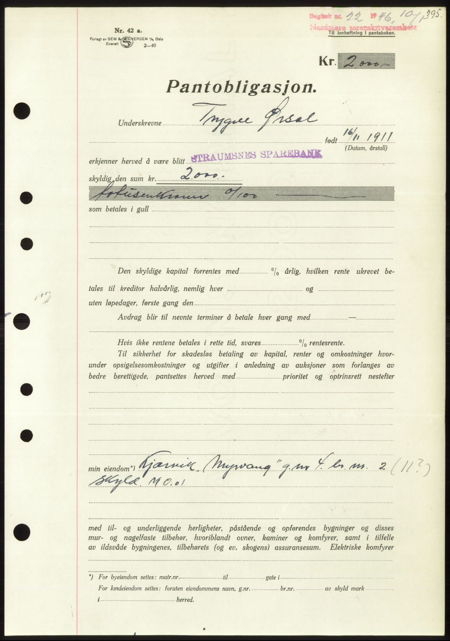 Nordmøre sorenskriveri, AV/SAT-A-4132/1/2/2Ca: Mortgage book no. B93b, 1946-1946, Diary no: : 22/1946