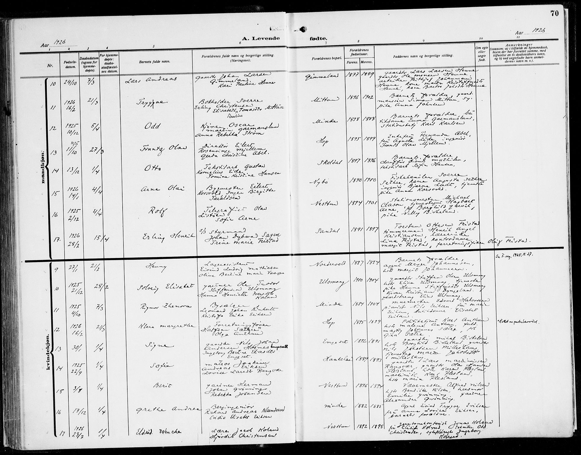 Fana Sokneprestembete, AV/SAB-A-75101/H/Haa/Haaj/L0001: Parish register (official) no. J 1, 1921-1935, p. 70