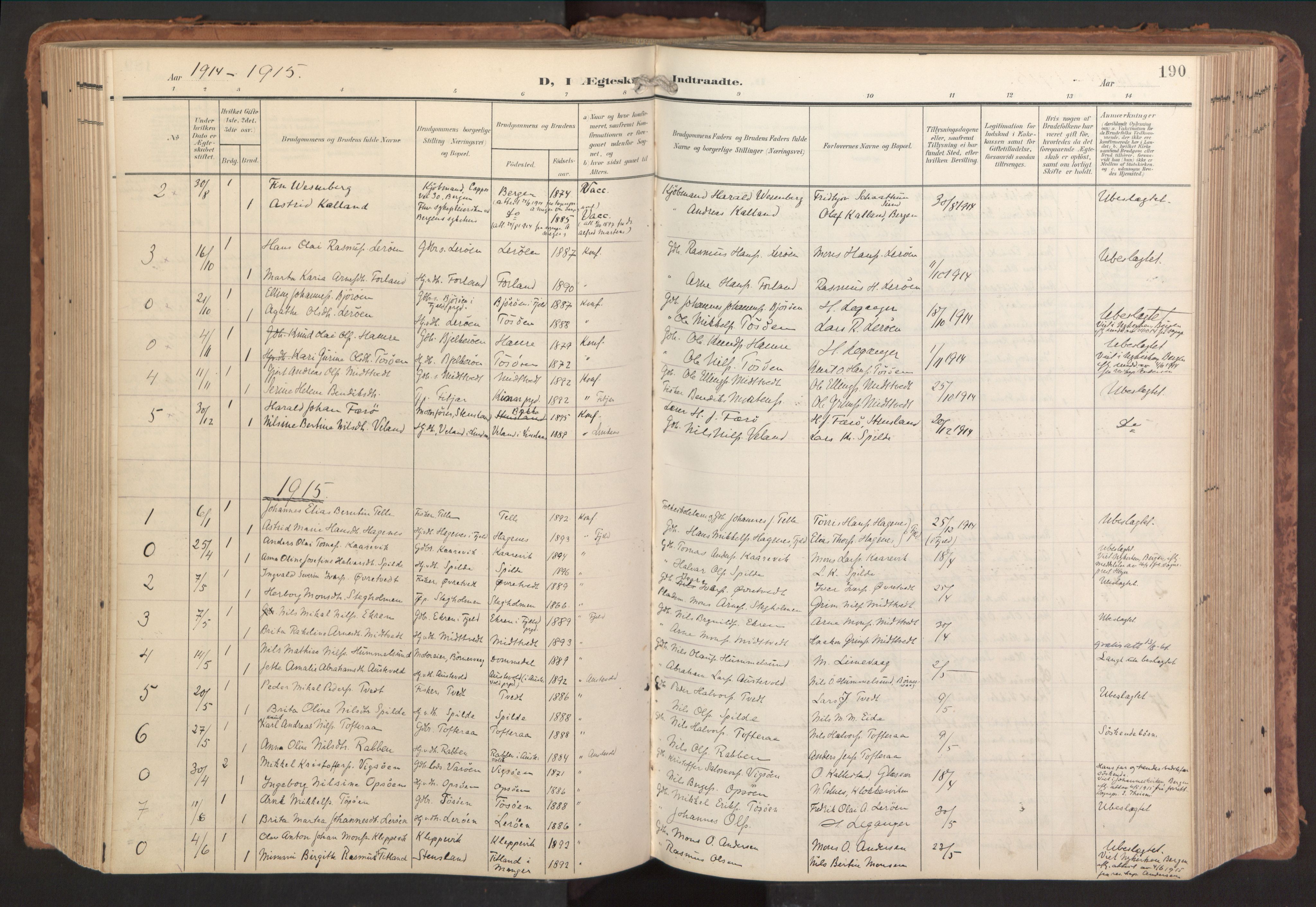 Sund sokneprestembete, SAB/A-99930: Parish register (official) no. B 2, 1907-1926, p. 190