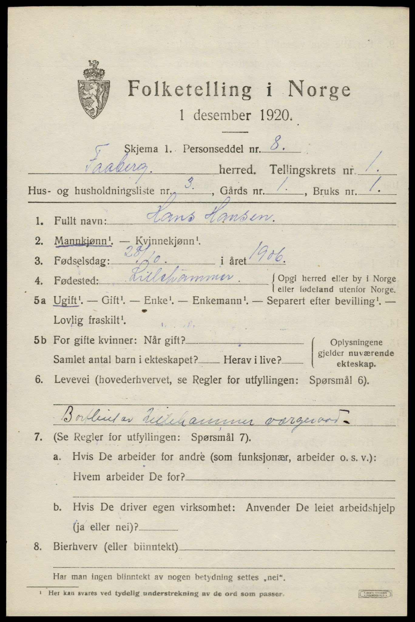 SAH, 1920 census for Fåberg, 1920, p. 2270