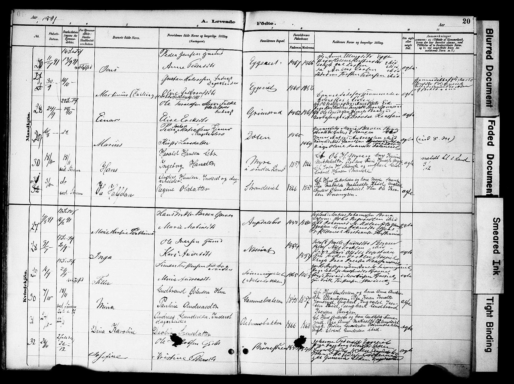 Gran prestekontor, SAH/PREST-112/H/Ha/Haa/L0020: Parish register (official) no. 20, 1889-1899, p. 20