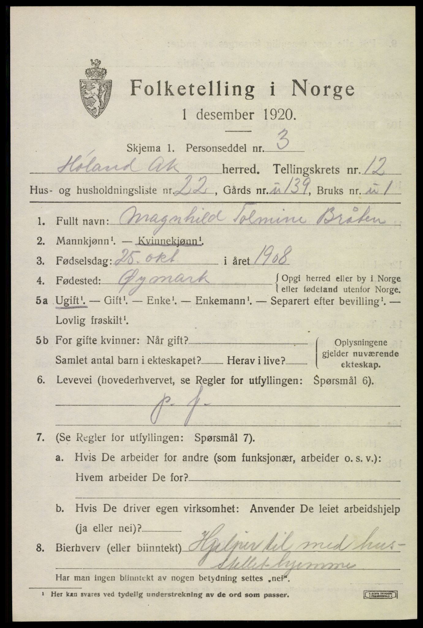 SAO, 1920 census for Høland, 1920, p. 11949