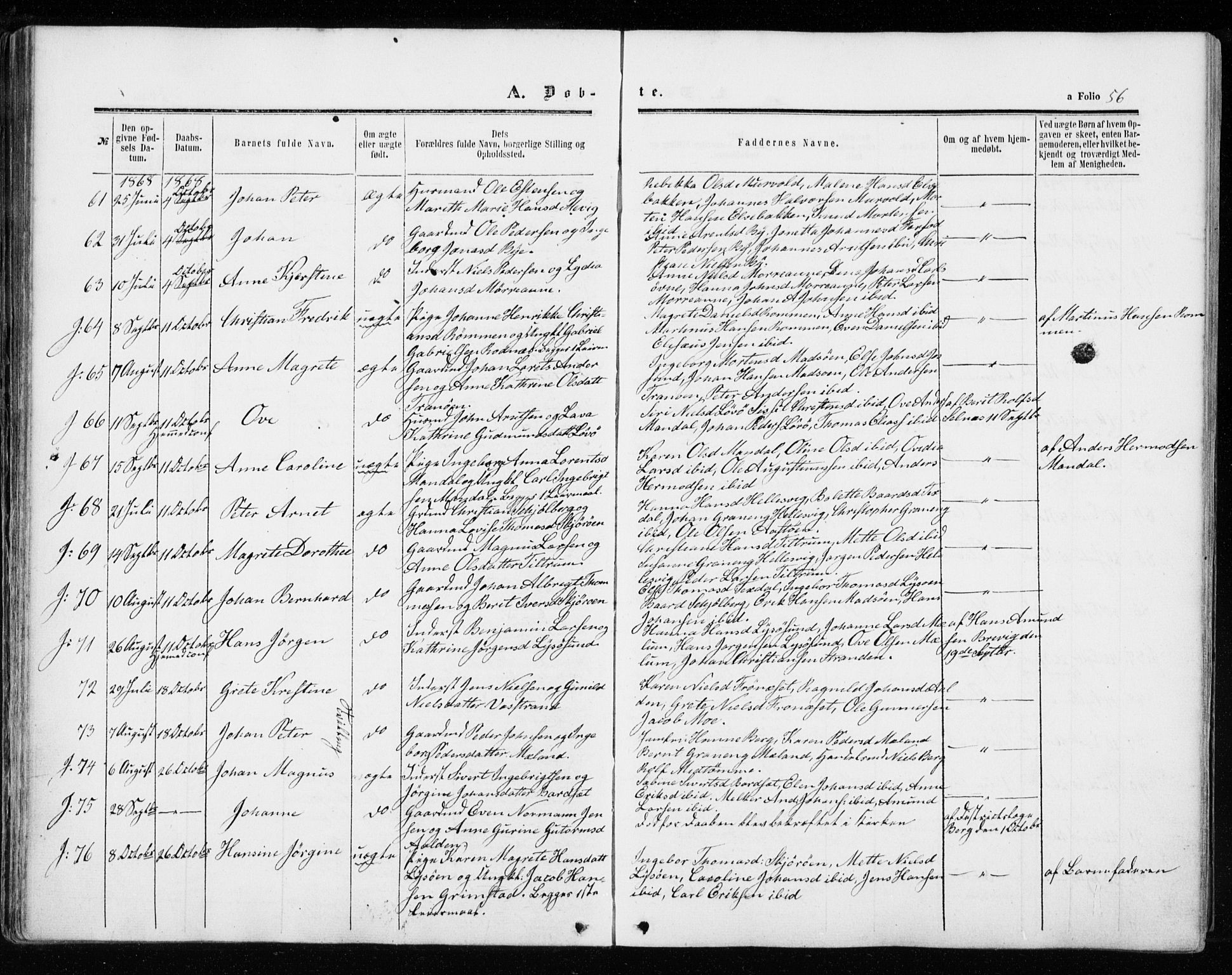 Ministerialprotokoller, klokkerbøker og fødselsregistre - Sør-Trøndelag, SAT/A-1456/655/L0678: Parish register (official) no. 655A07, 1861-1873, p. 56