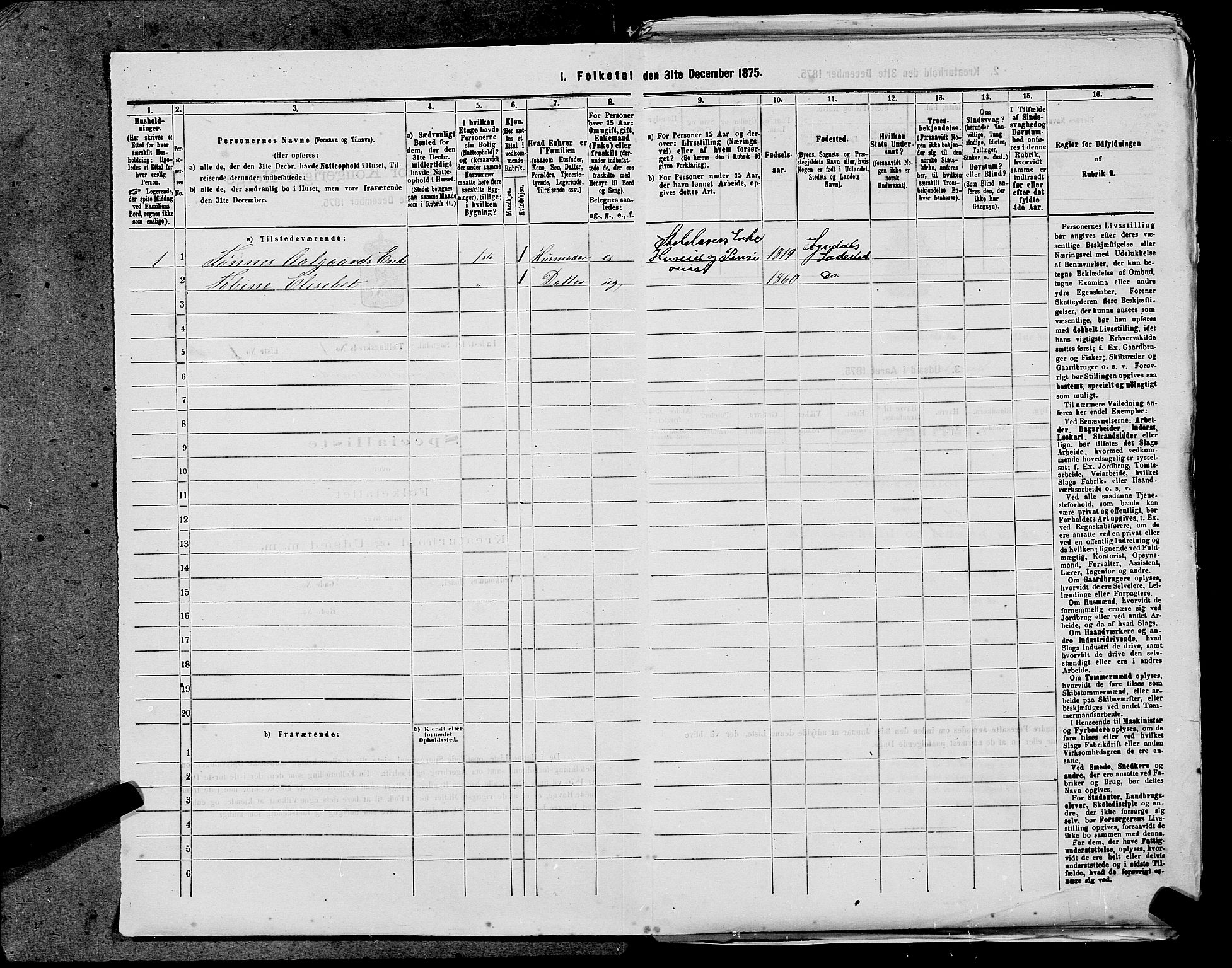 SAST, 1875 census for 1107B Sokndal/Sokndal, 1875, p. 2