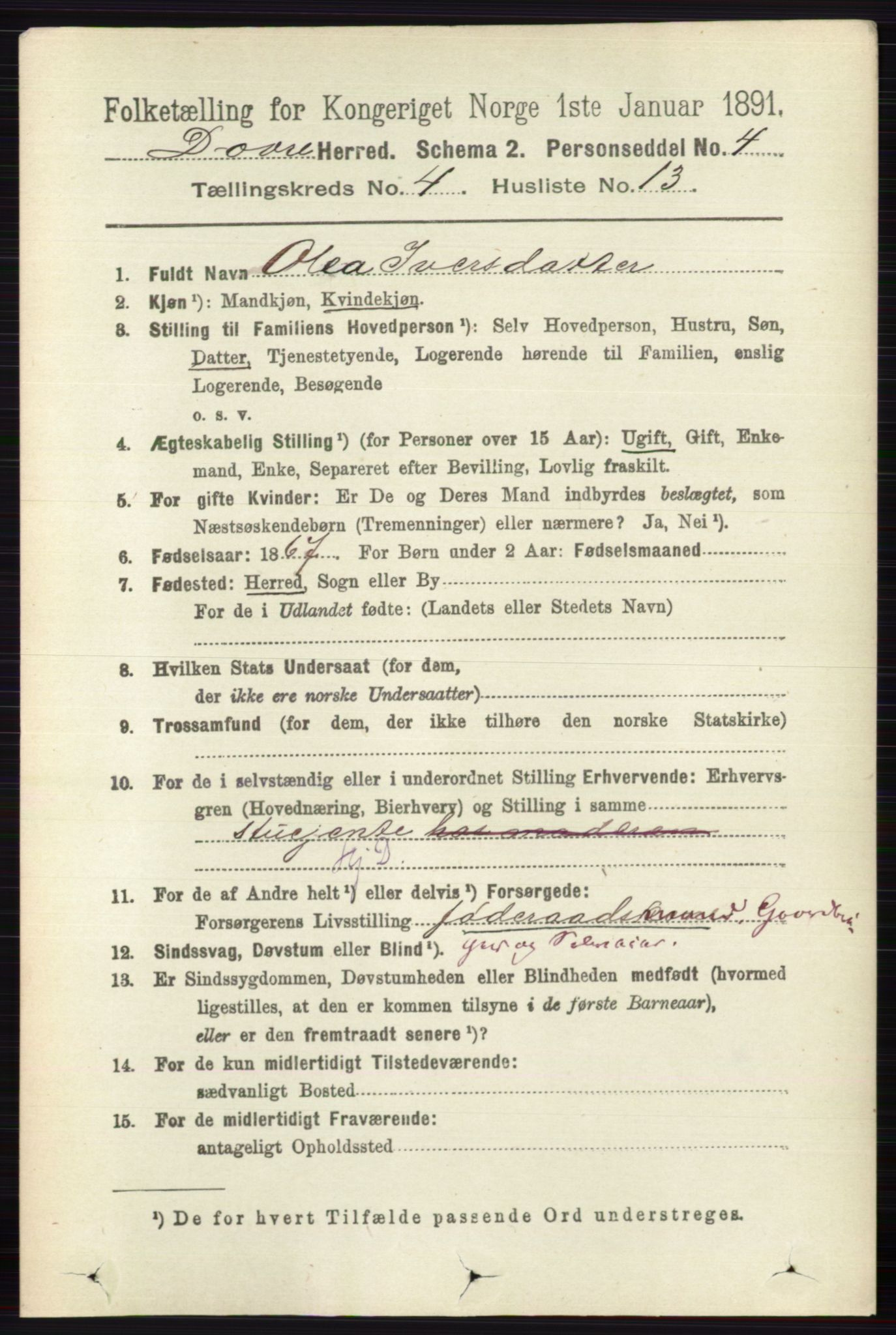 RA, 1891 census for 0511 Dovre, 1891, p. 2041