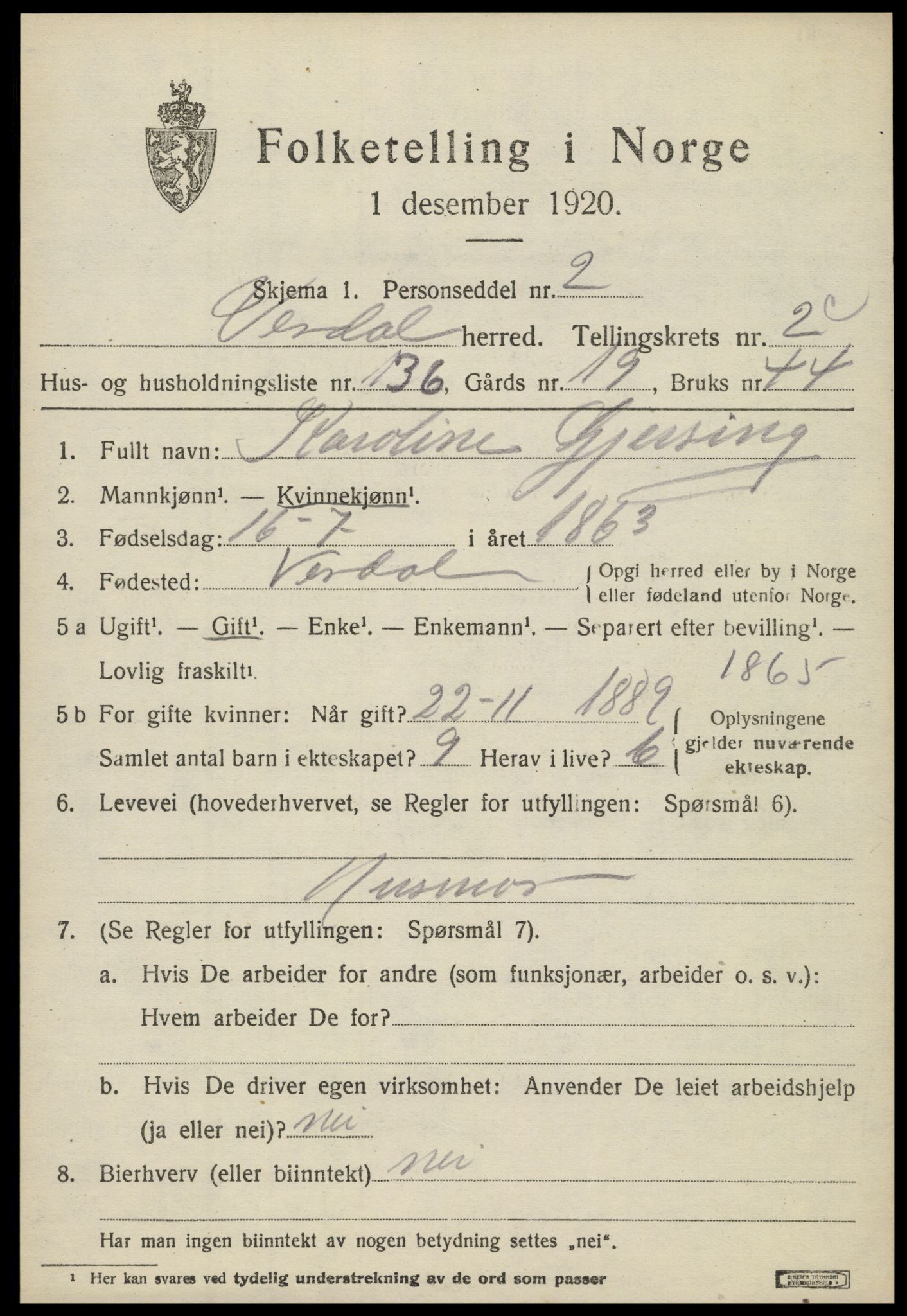 SAT, 1920 census for Verdal, 1920, p. 5971