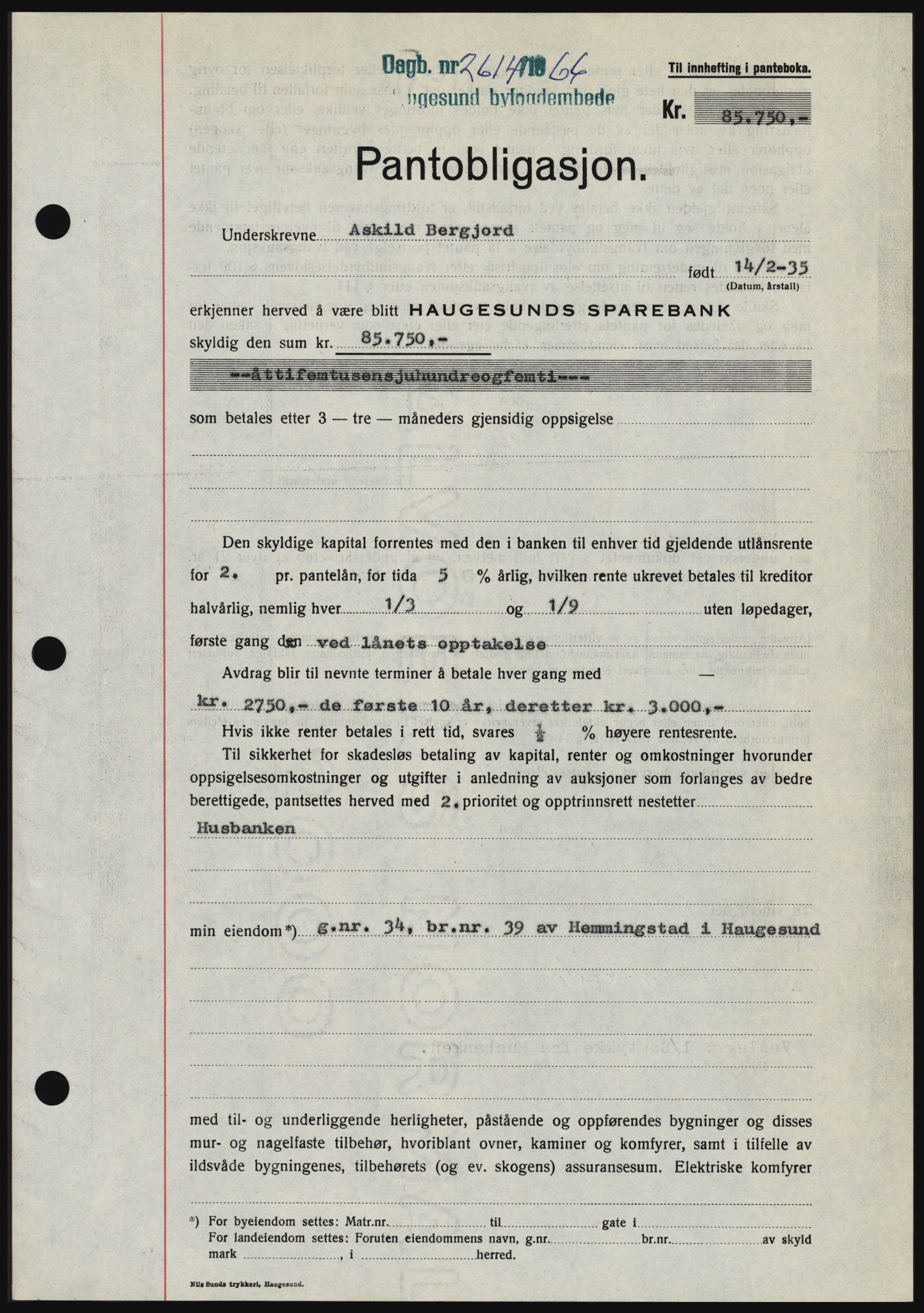 Haugesund tingrett, SAST/A-101415/01/II/IIC/L0056: Mortgage book no. B 56, 1966-1967, Diary no: : 2614/1966