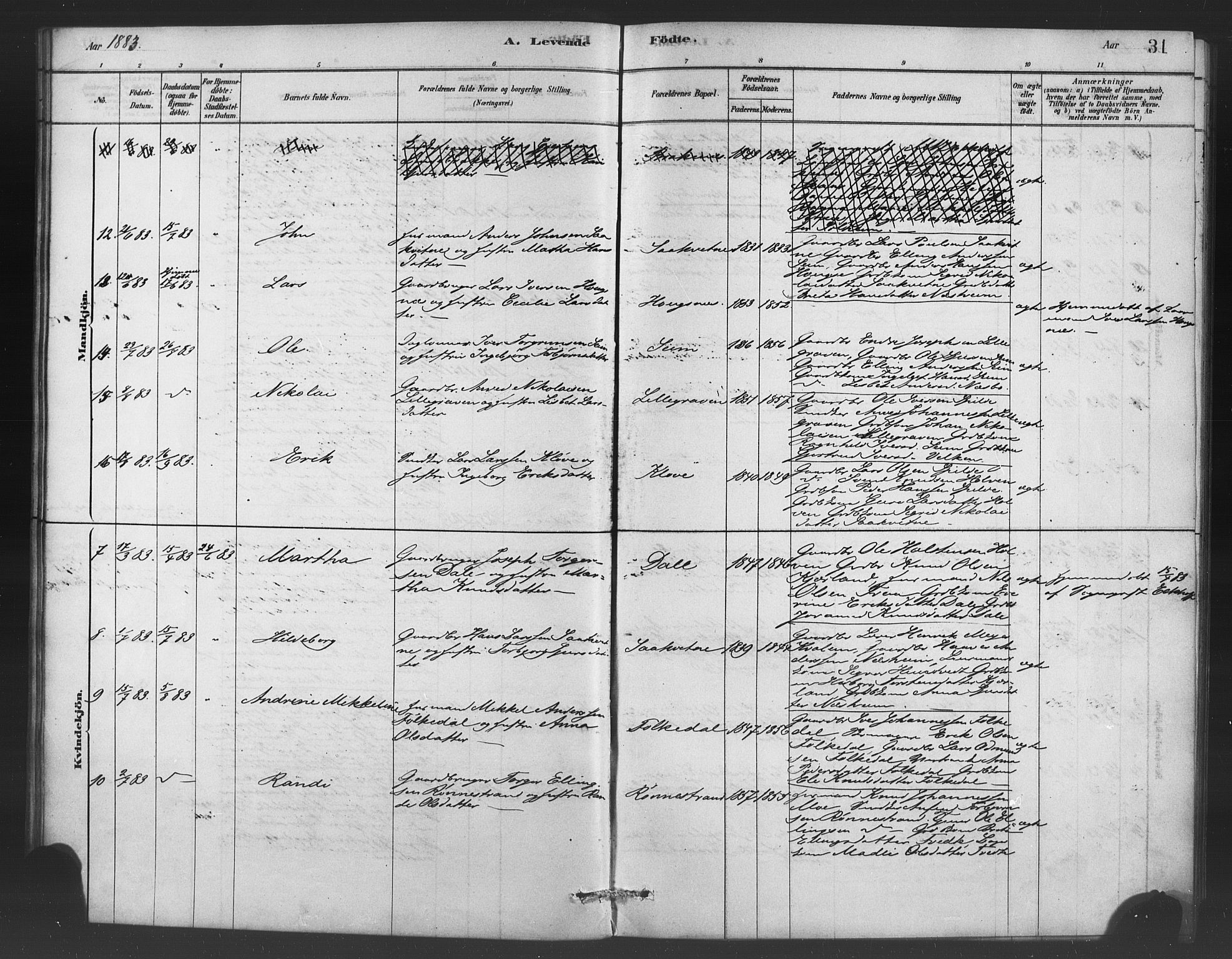 Ulvik sokneprestembete, AV/SAB-A-78801/H/Haa: Parish register (official) no. C 1, 1878-1903, p. 31