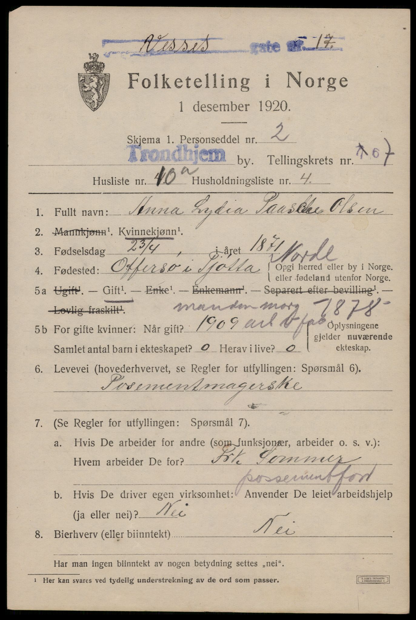 SAT, 1920 census for Trondheim, 1920, p. 132678