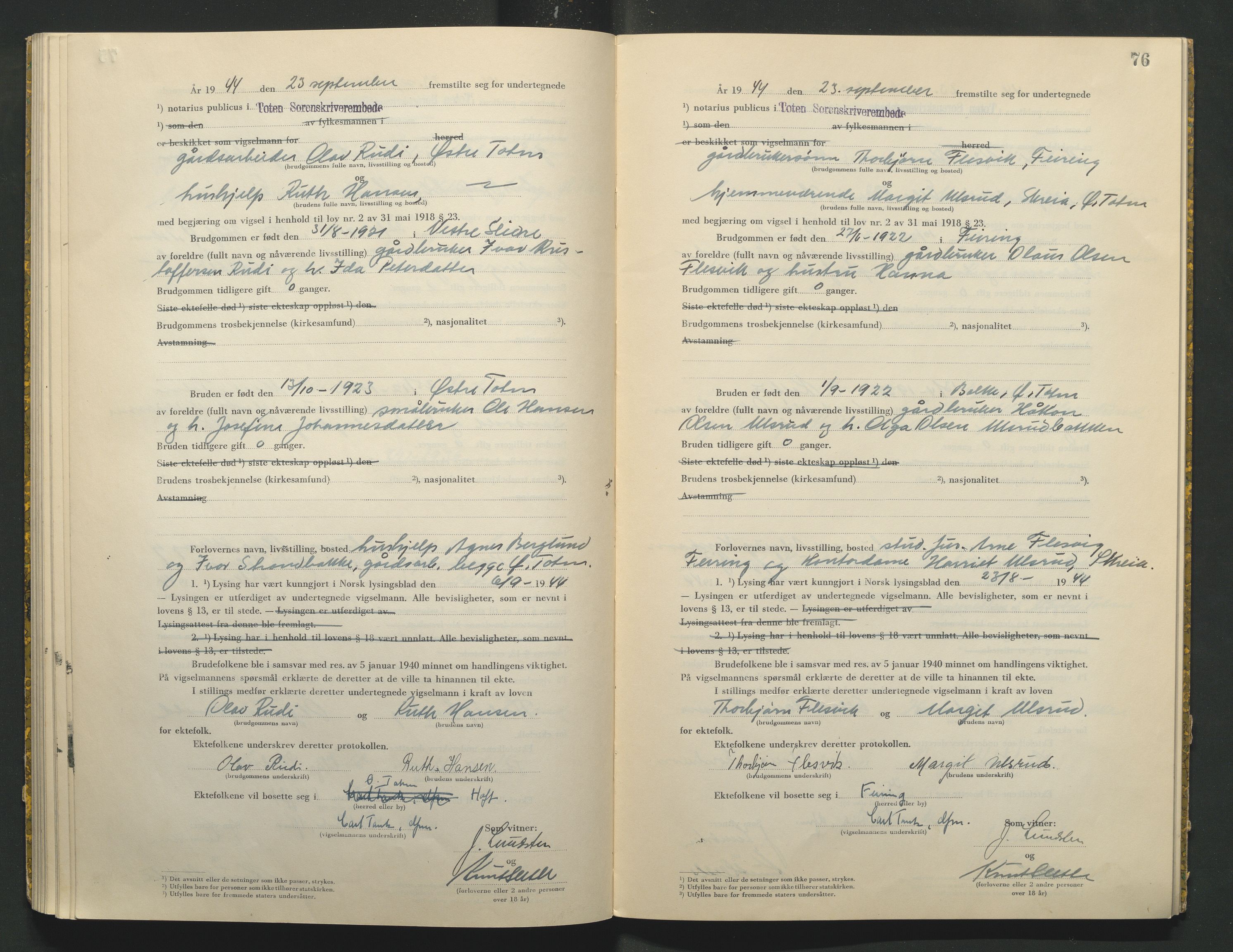 Toten tingrett, AV/SAH-TING-006/L/Lc/L0004: Vigselbok, 1944, p. 76