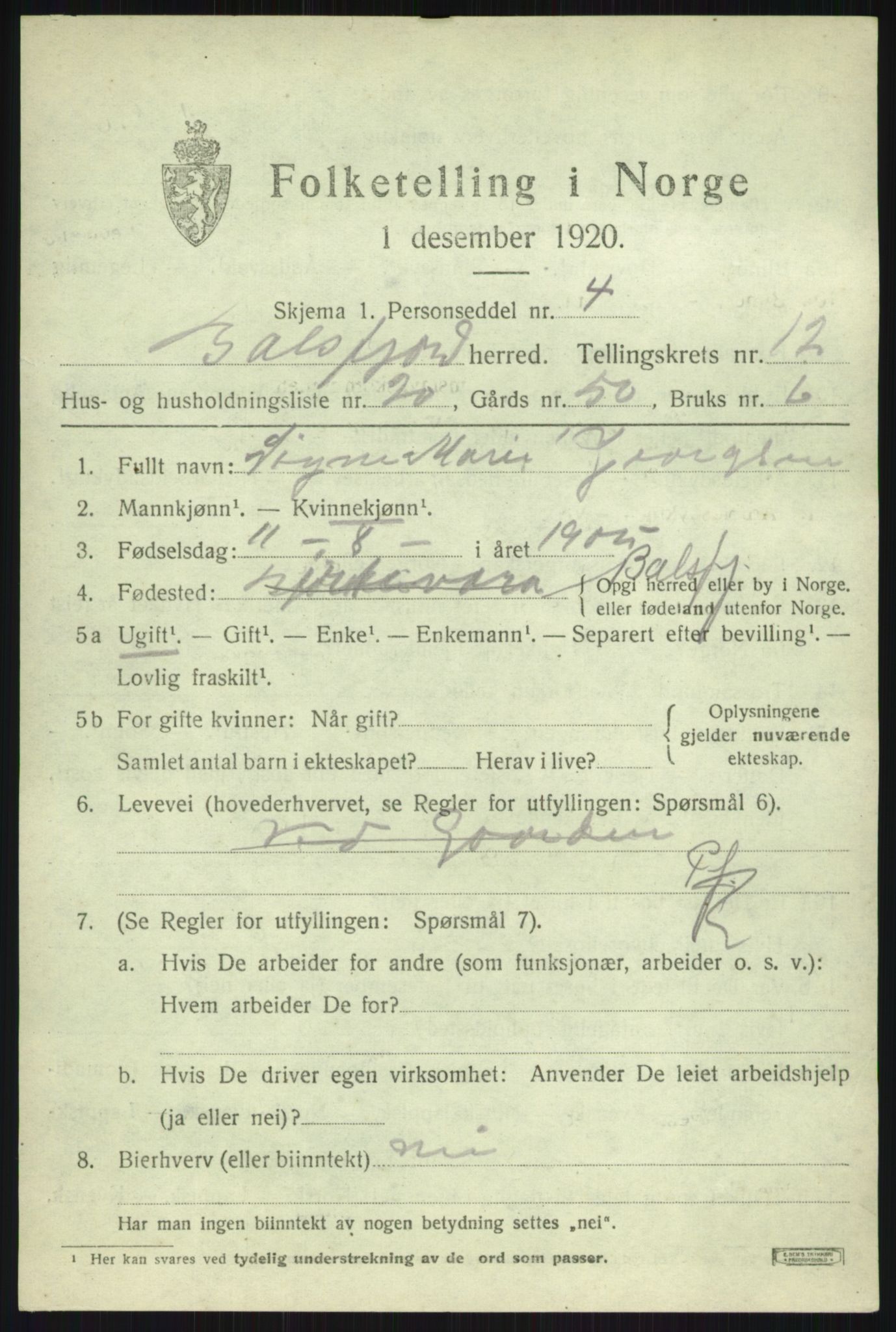 SATØ, 1920 census for Balsfjord, 1920, p. 7489