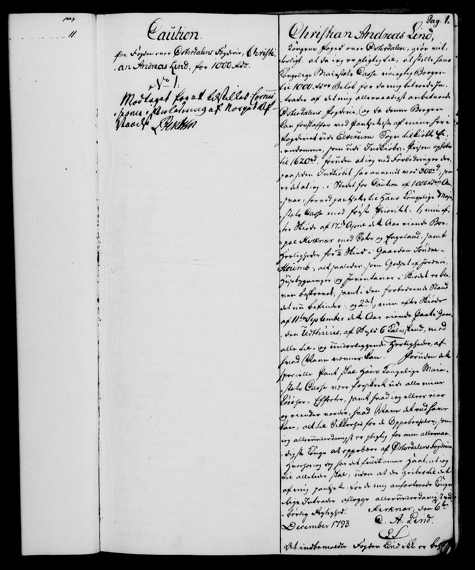 Rentekammeret, Kammerkanselliet, RA/EA-3111/G/Gh/Ghd/L0006: Kausjonsprotokoll med register (merket RK 53.44), 1793-1813, p. 1