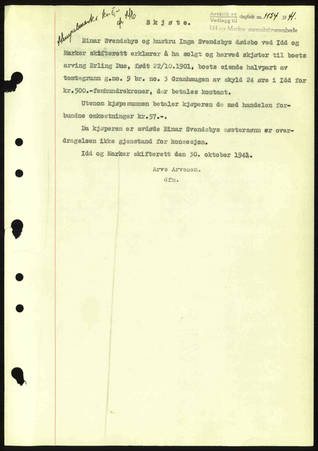 Idd og Marker sorenskriveri, AV/SAO-A-10283/G/Gb/Gbb/L0004: Mortgage book no. A4, 1940-1941, Diary no: : 1154/1941