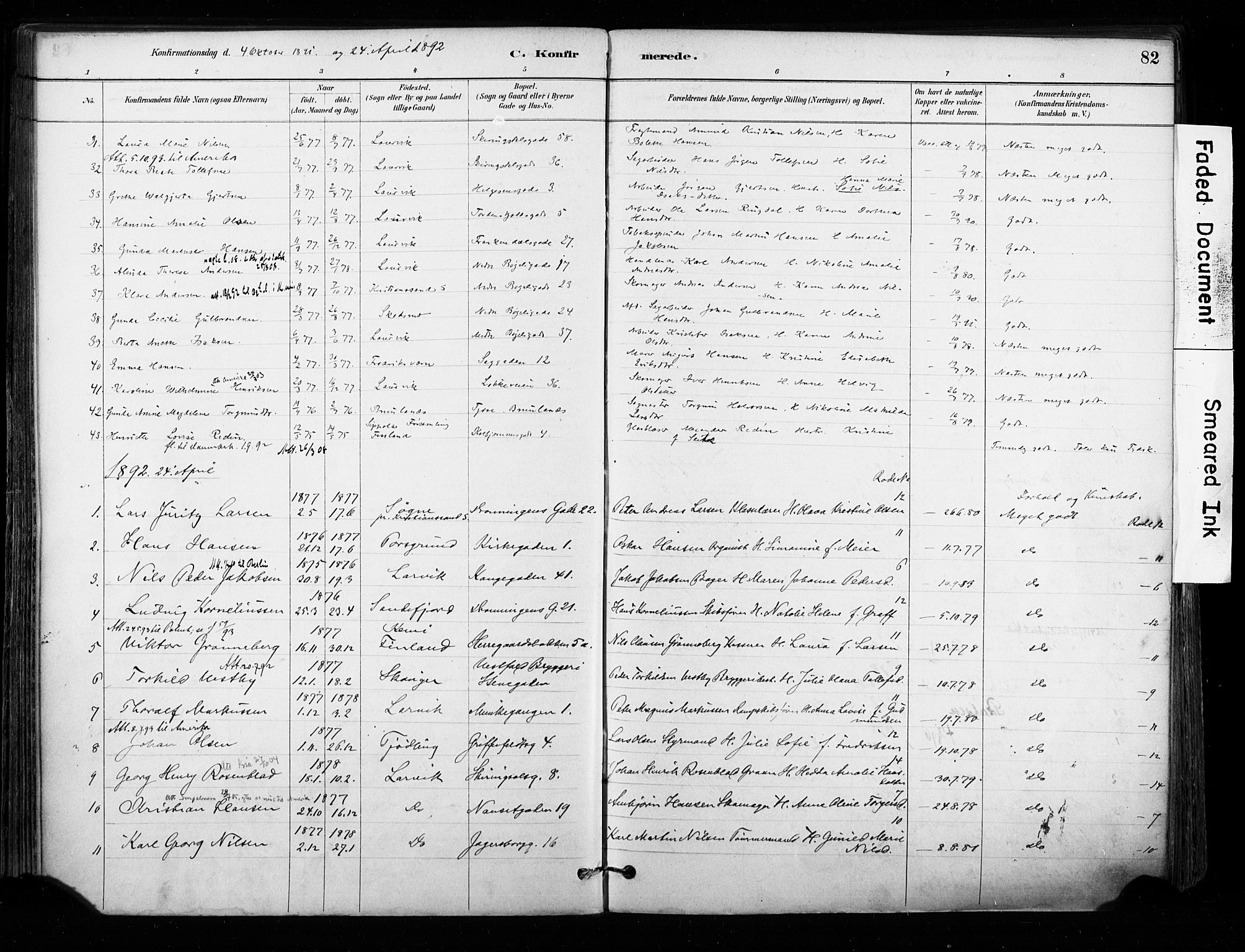 Larvik kirkebøker, AV/SAKO-A-352/F/Fa/L0008: Parish register (official) no. I 8, 1884-1902, p. 82